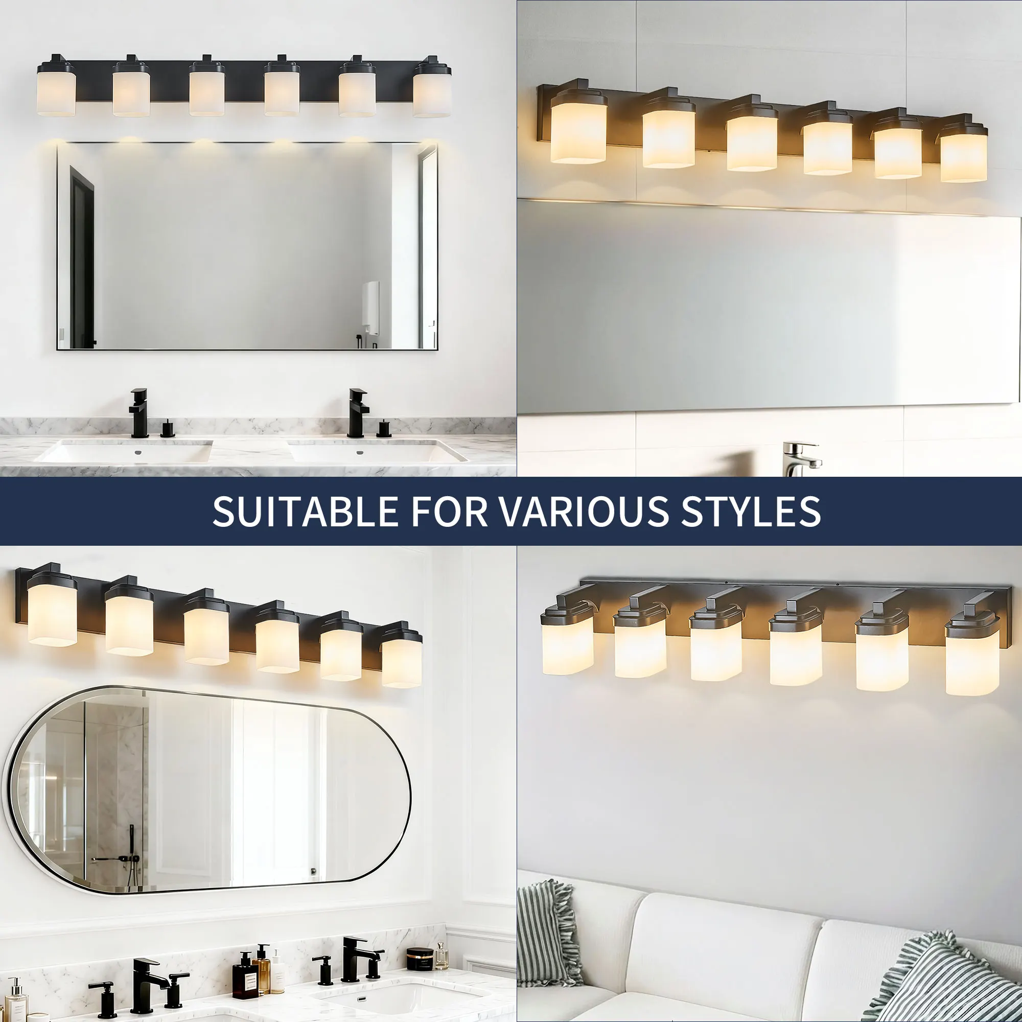 Modern Black 6-Light Frosted Glass Vanity Light, 43 in, image 6 of 9
