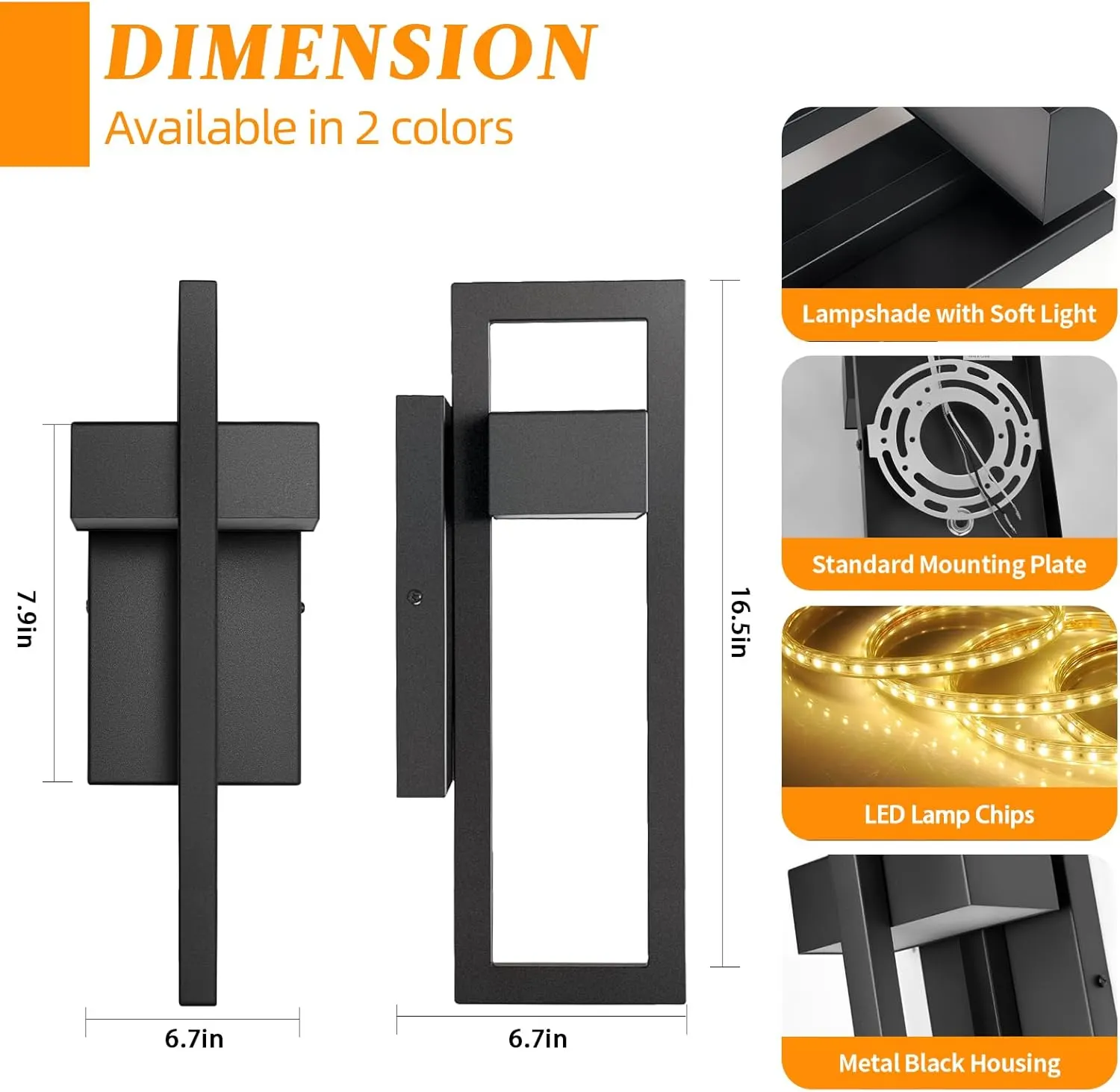 Modern Matte Black Outdoor Wall Light, 16.7 in · Integrated LED (2-Pack), image 3 of 7