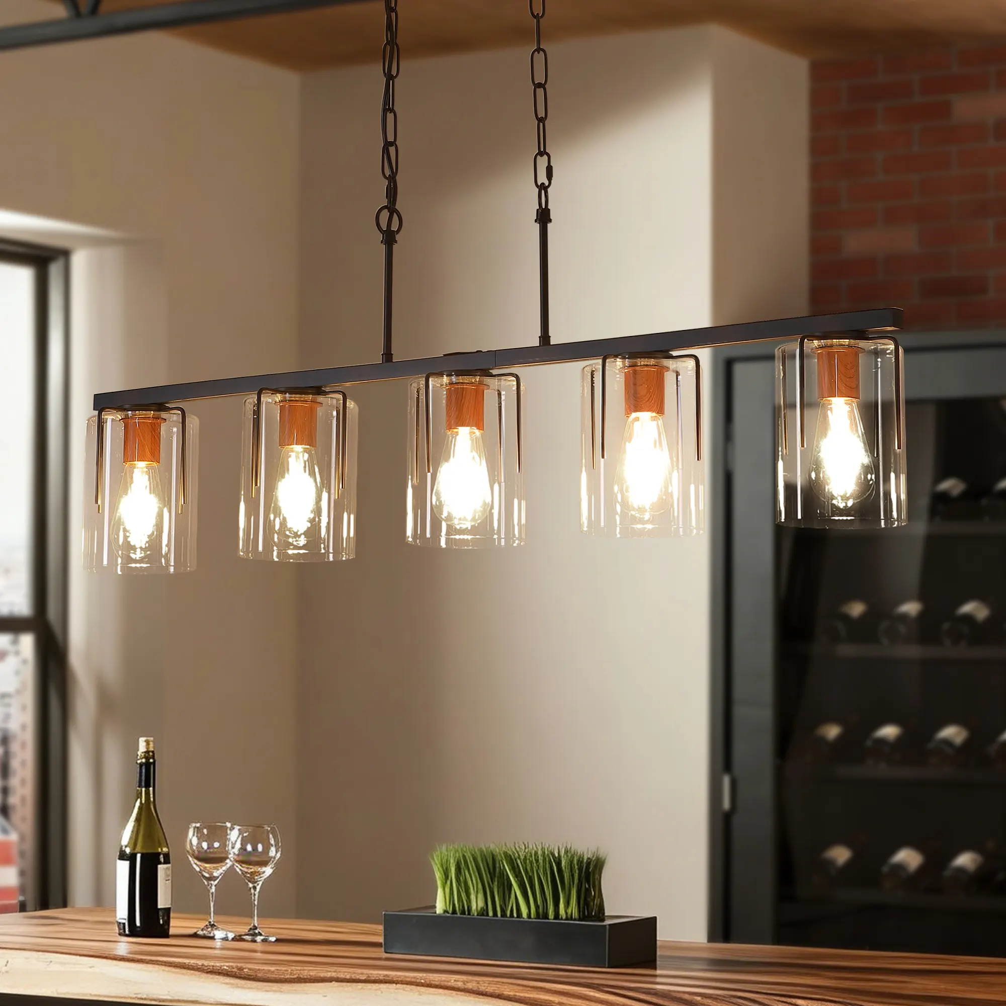 Modern Black 5-Light Clear Glass Linear Chandelier