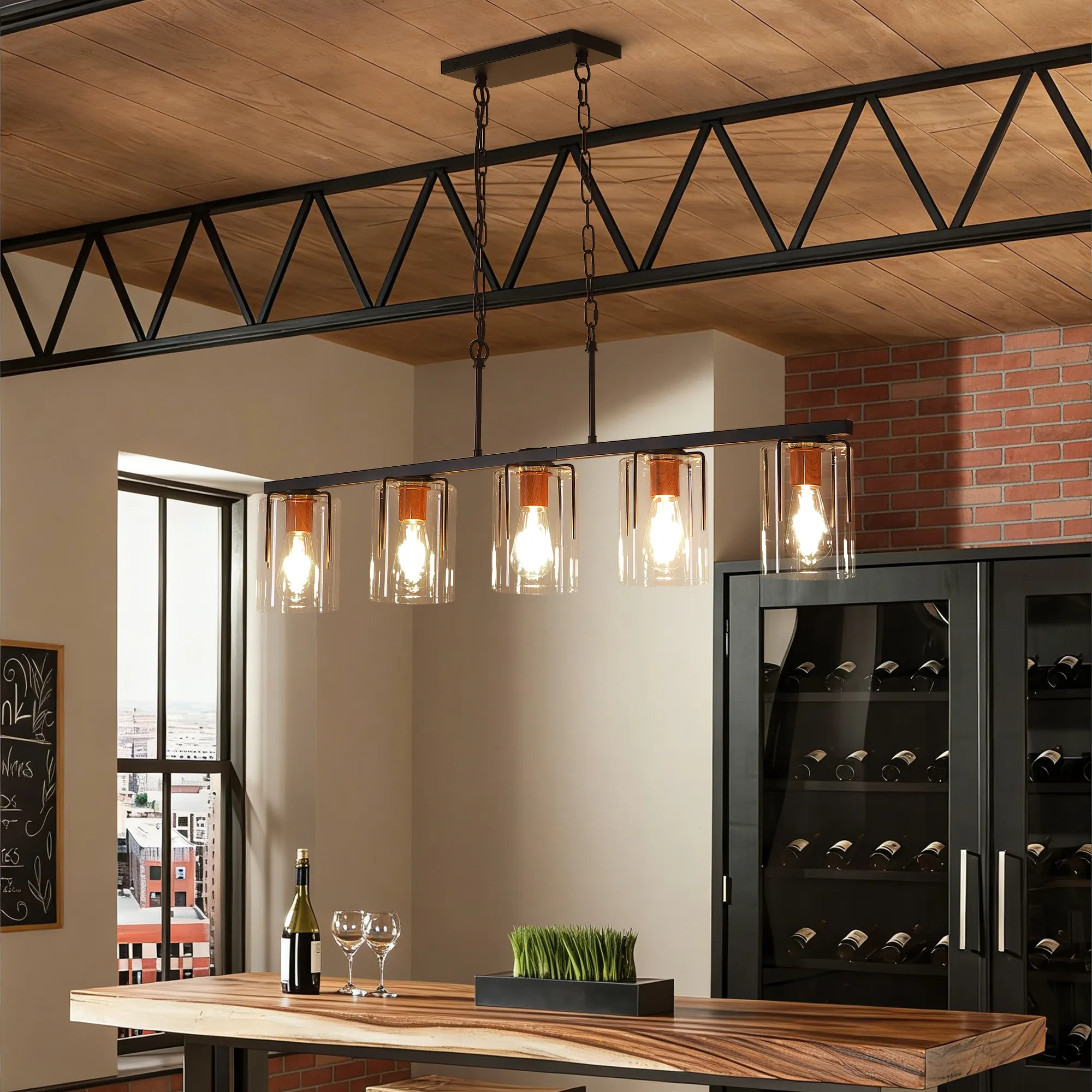 Modern Black 5-Light Clear Glass Linear Chandelier, image 2 of 10