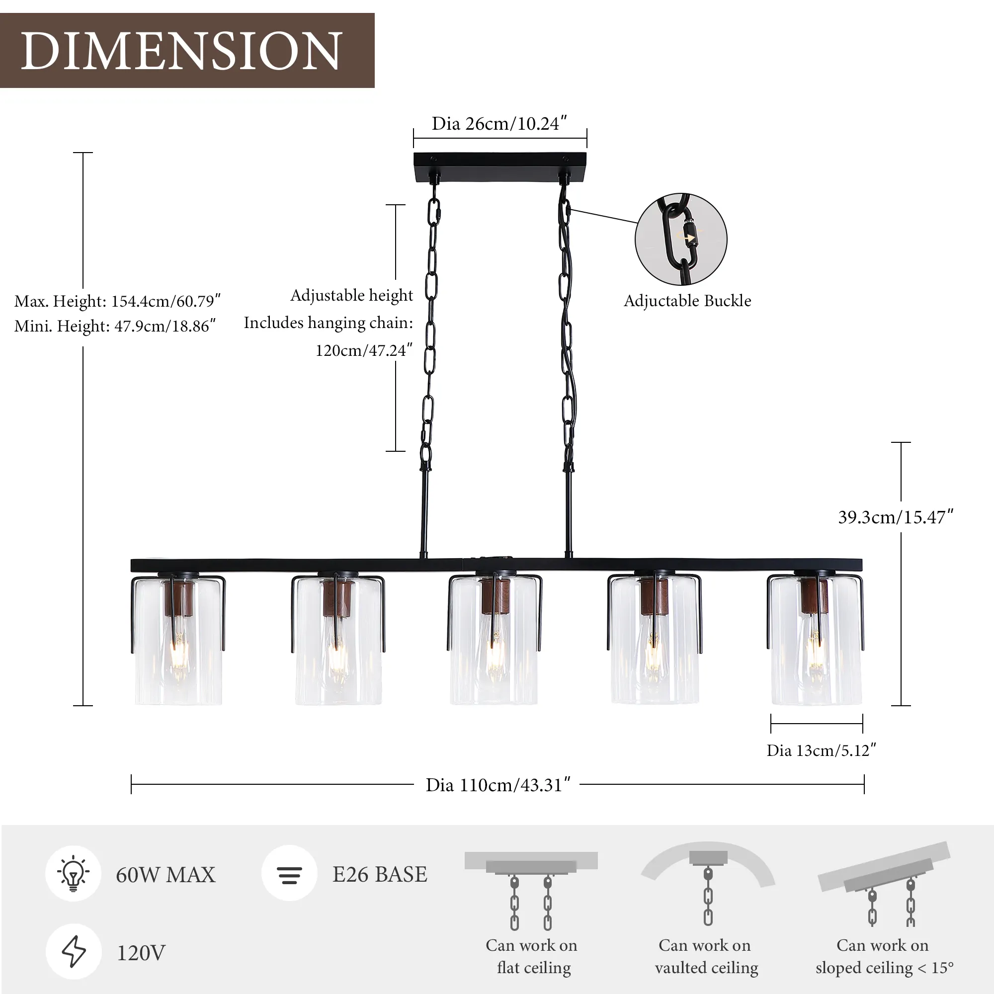 Modern Black 5-Light Clear Glass Linear Chandelier, image 6 of 10