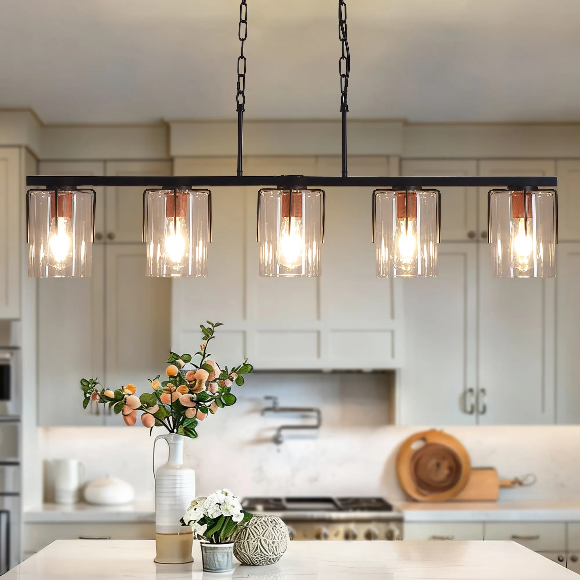 Modern Black 5-Light Clear Glass Linear Chandelier, image 3 of 10