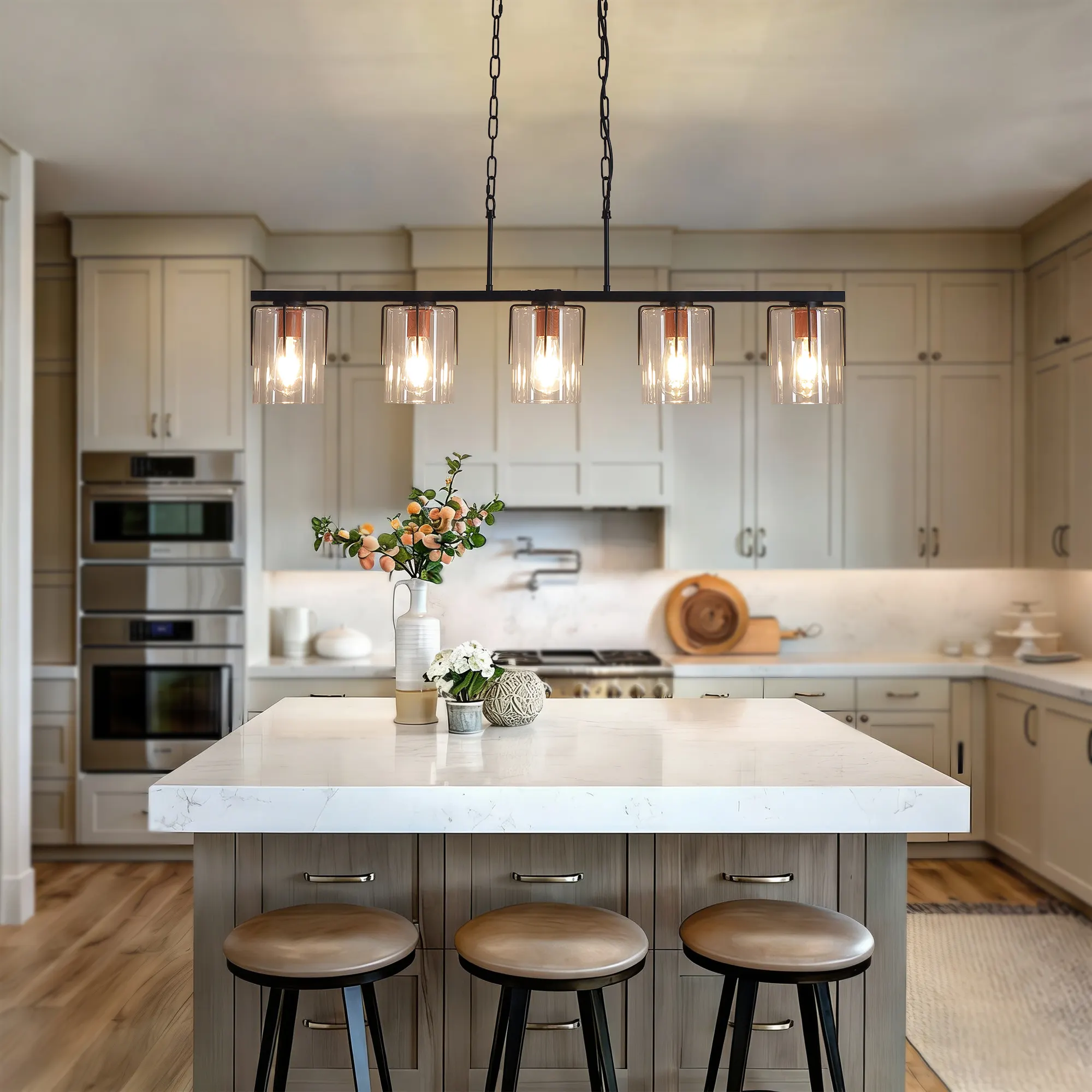 Modern Black 5-Light Clear Glass Linear Chandelier, image 5 of 10