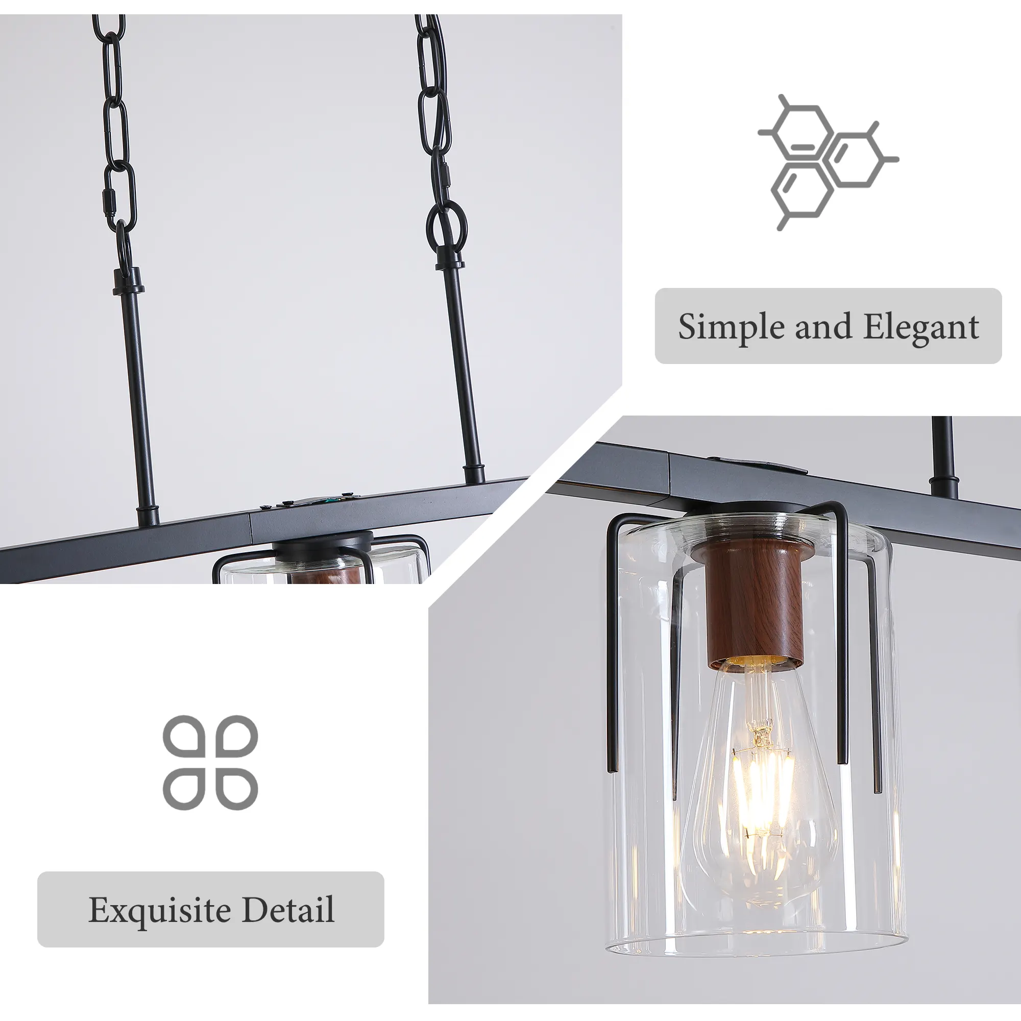 Modern Black 5-Light Clear Glass Linear Chandelier, image 10 of 10