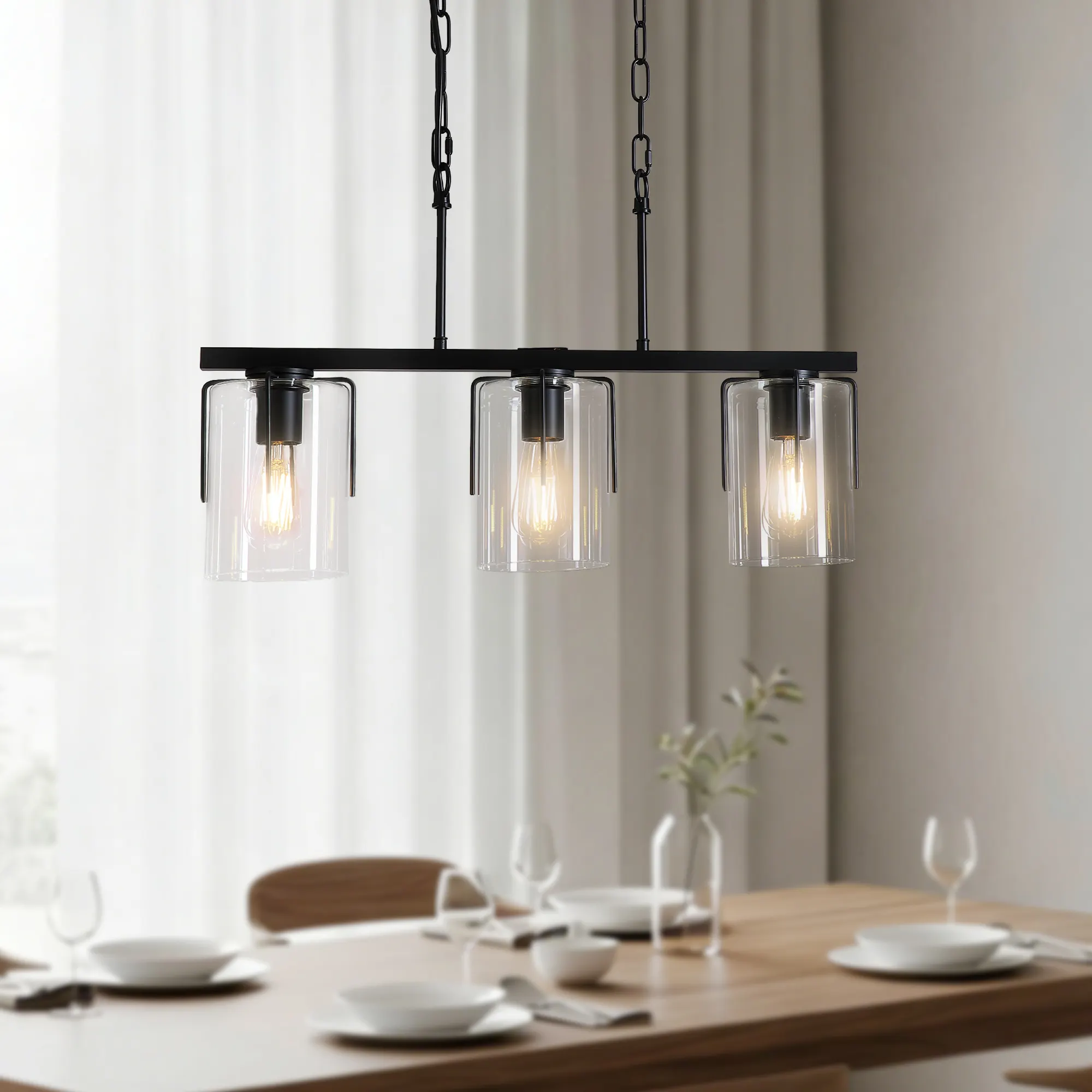 Modern Black 3-Light Clear Glass Linear Chandelier, image 9 of 10