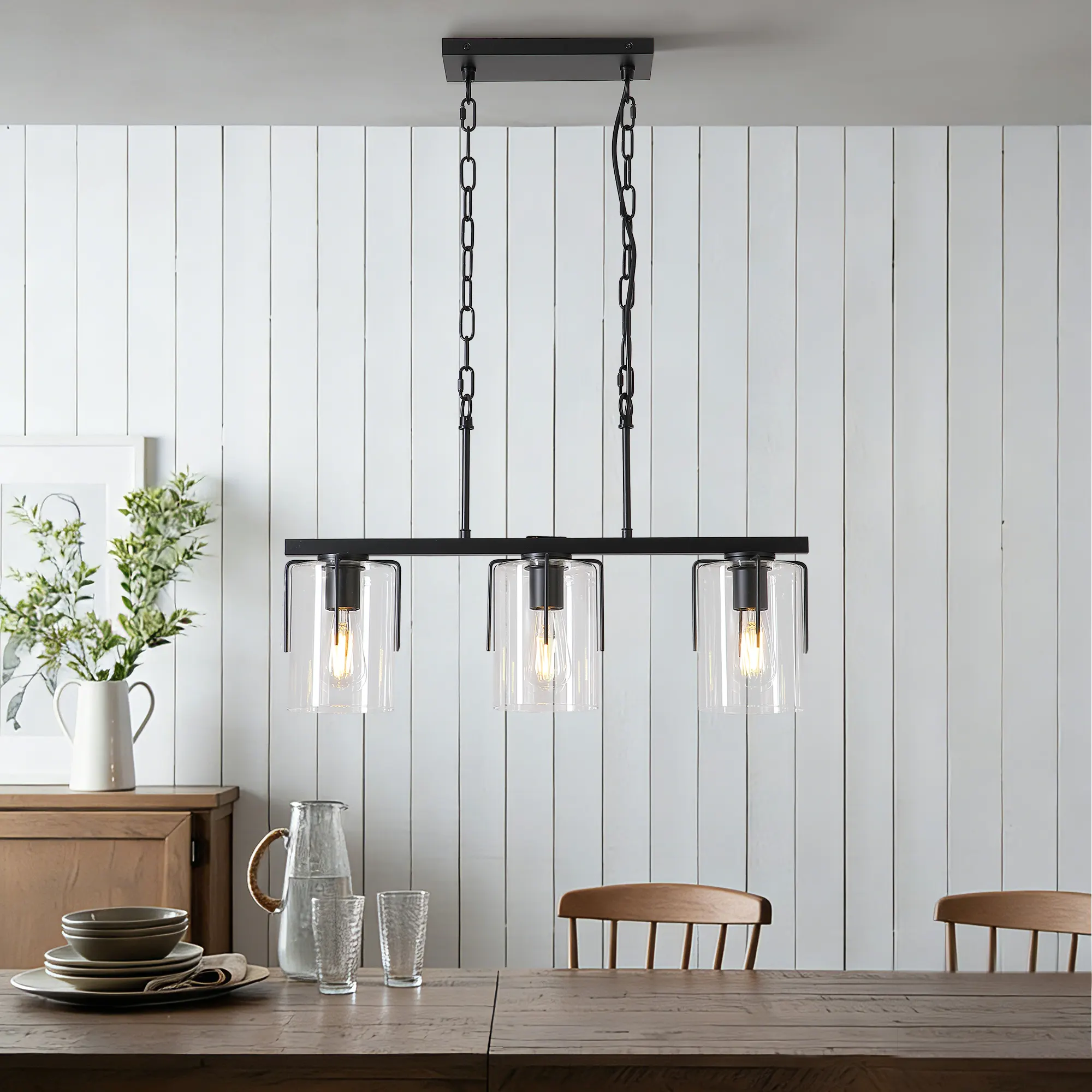Modern Black 3-Light Clear Glass Linear Chandelier, image 2 of 10