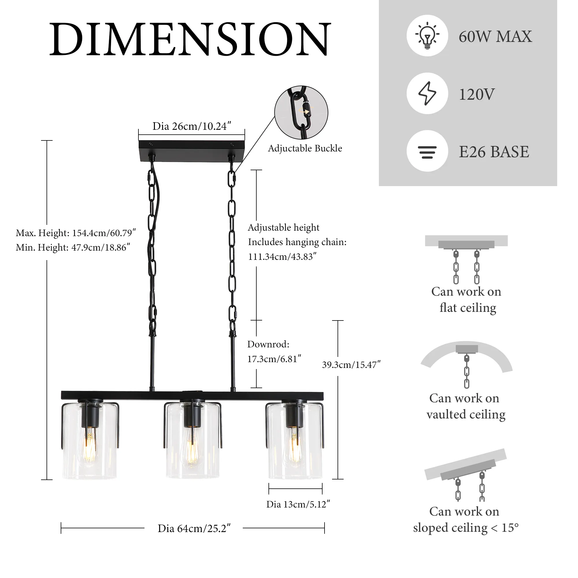 Modern Black 3-Light Clear Glass Linear Chandelier, image 3 of 10
