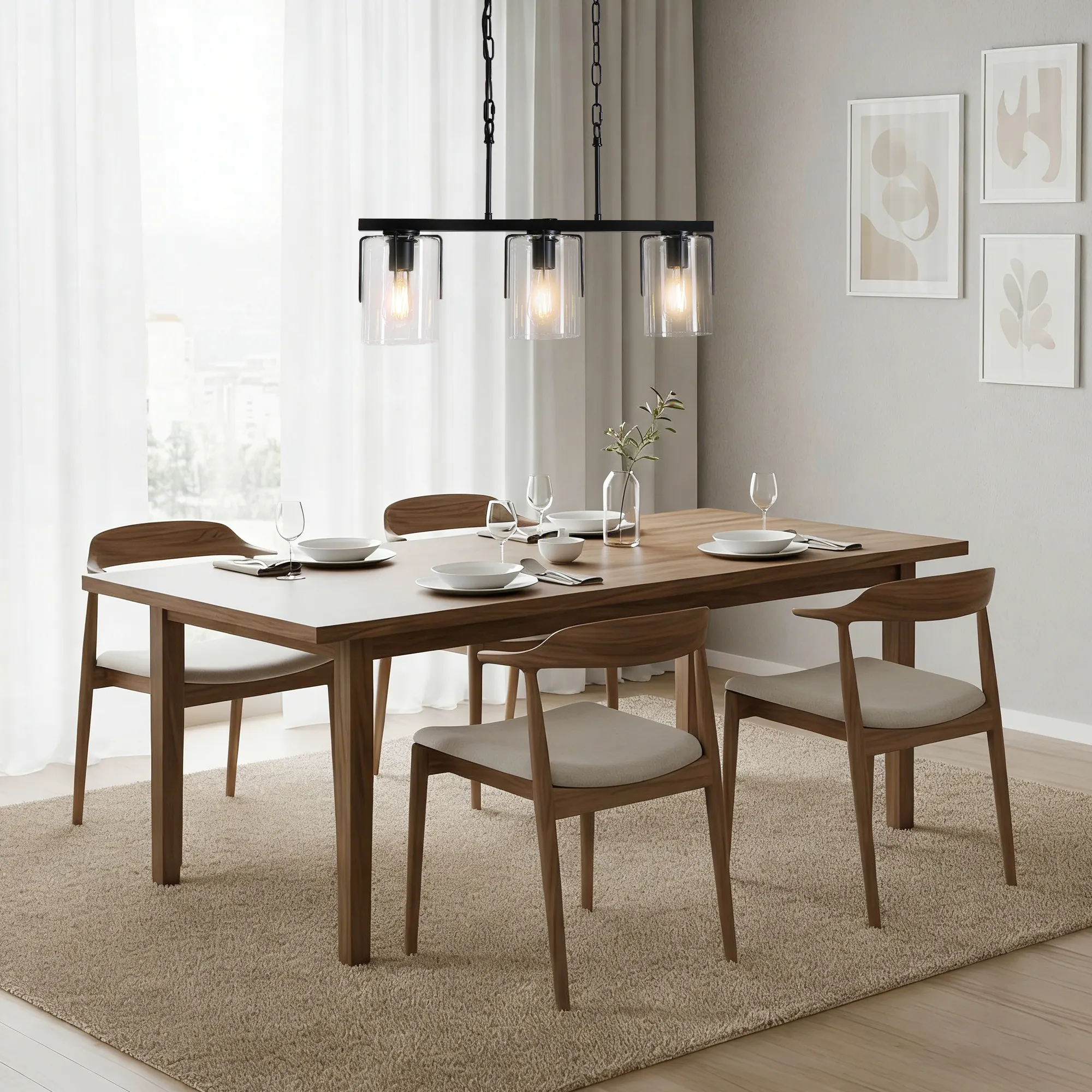 Modern Black 3-Light Clear Glass Linear Chandelier, image 10 of 10