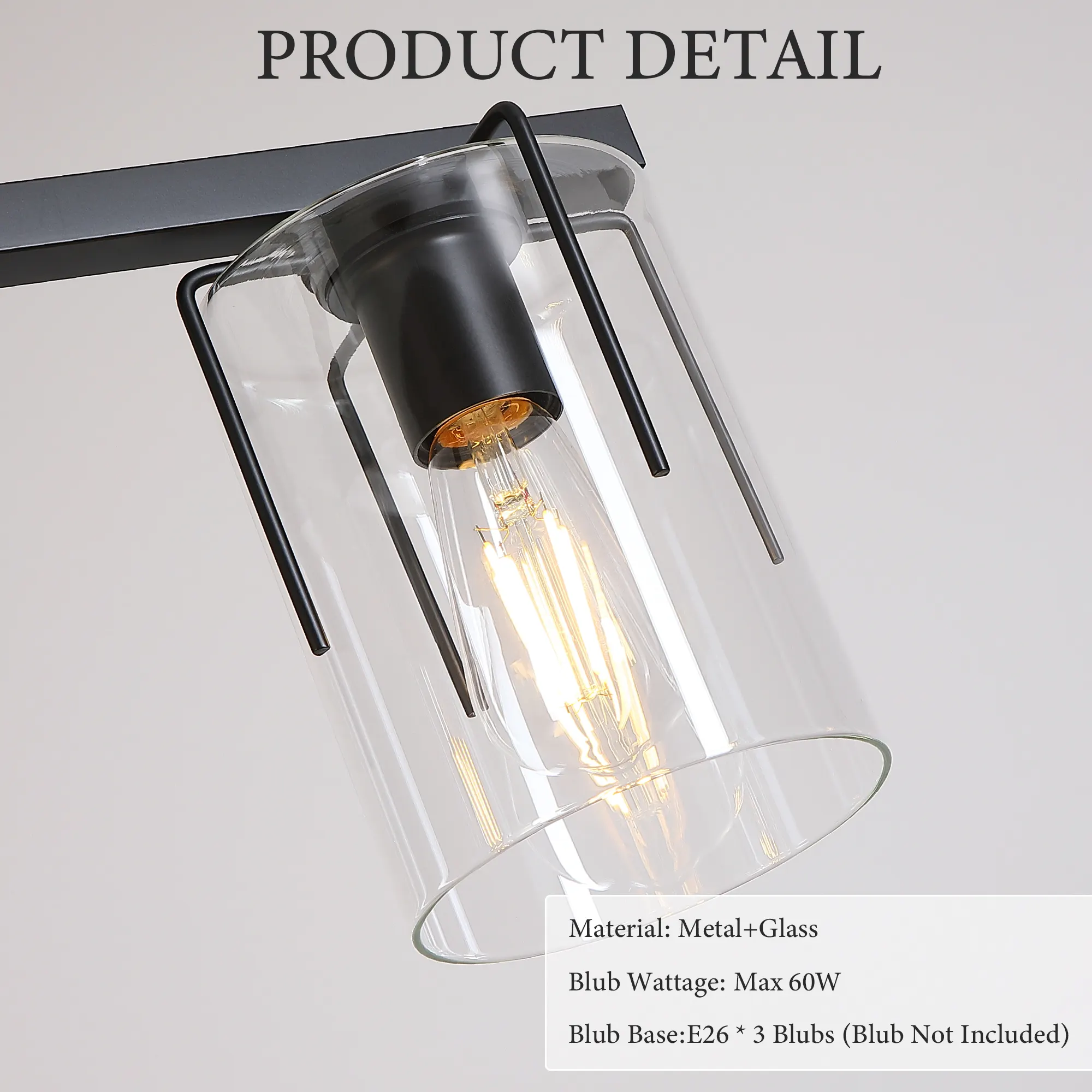 Modern Black 3-Light Clear Glass Linear Chandelier, image 5 of 10