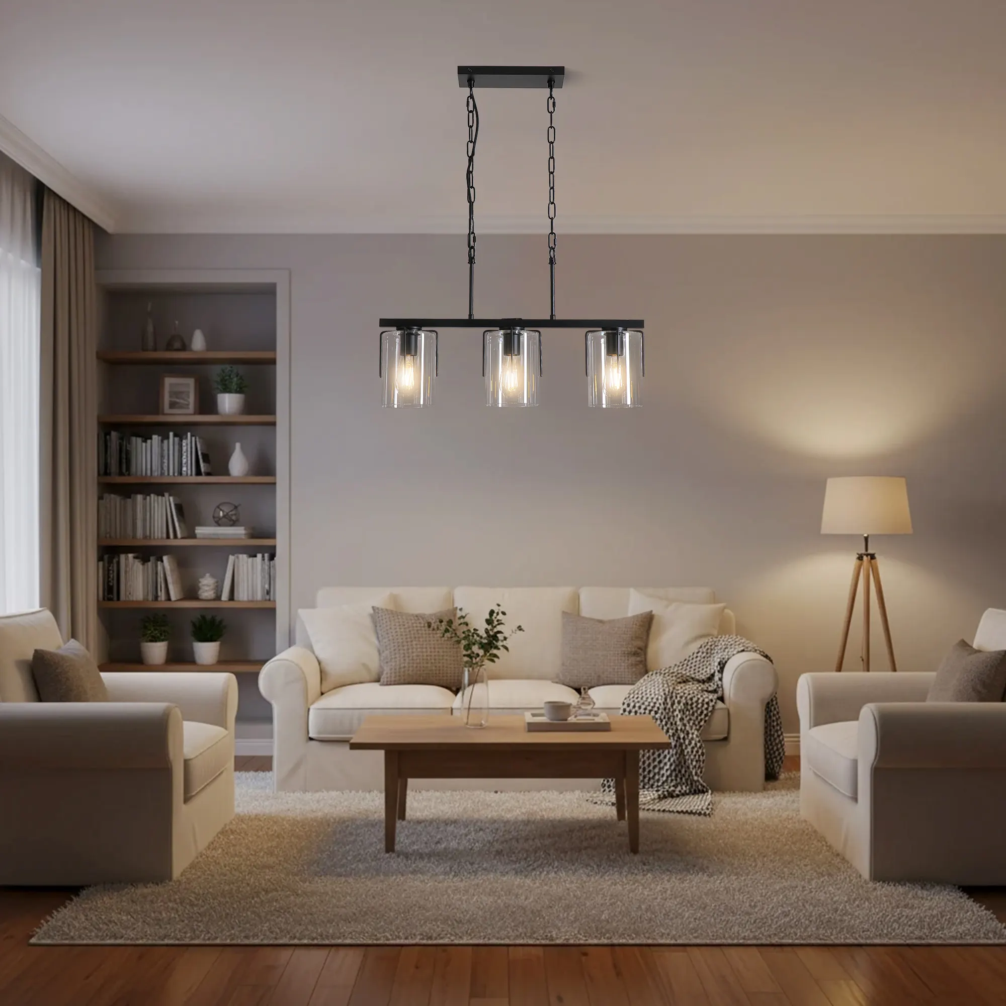 Modern Black 3-Light Clear Glass Linear Chandelier