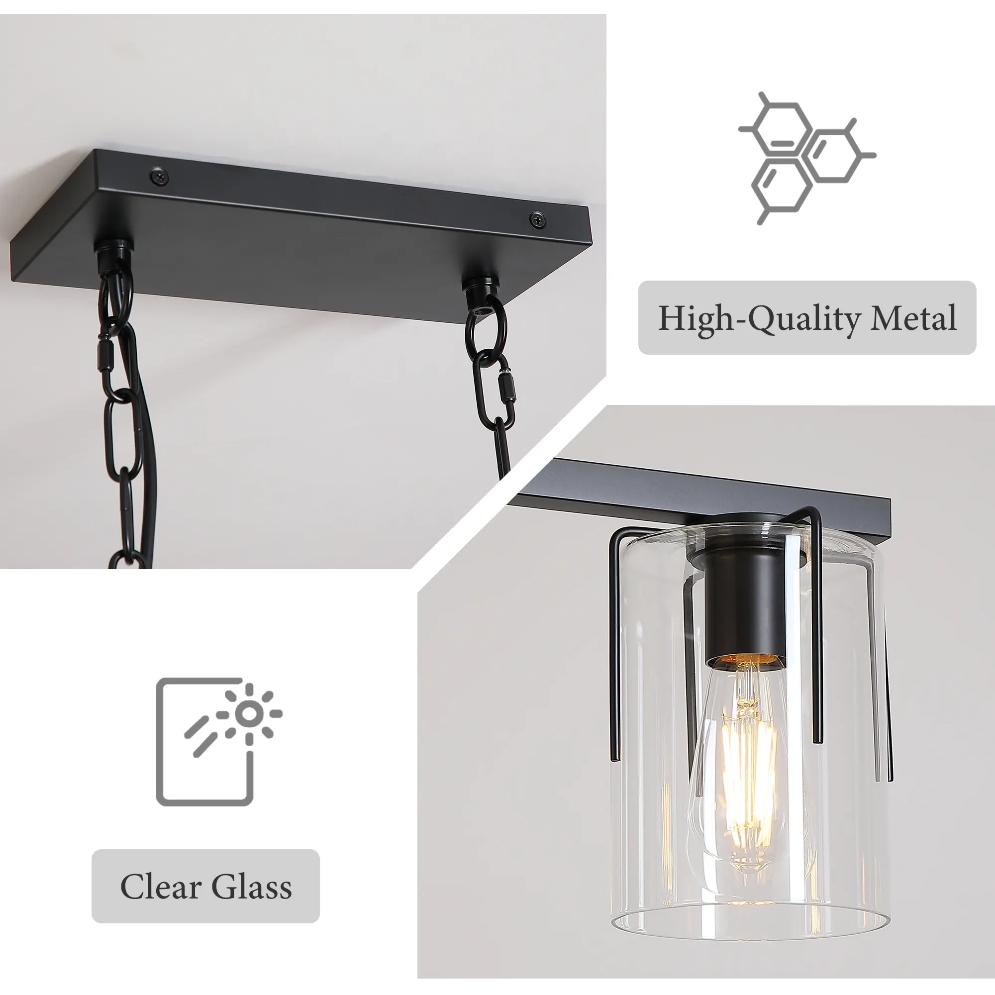 Modern Black 3-Light Clear Glass Linear Chandelier, image 7 of 10