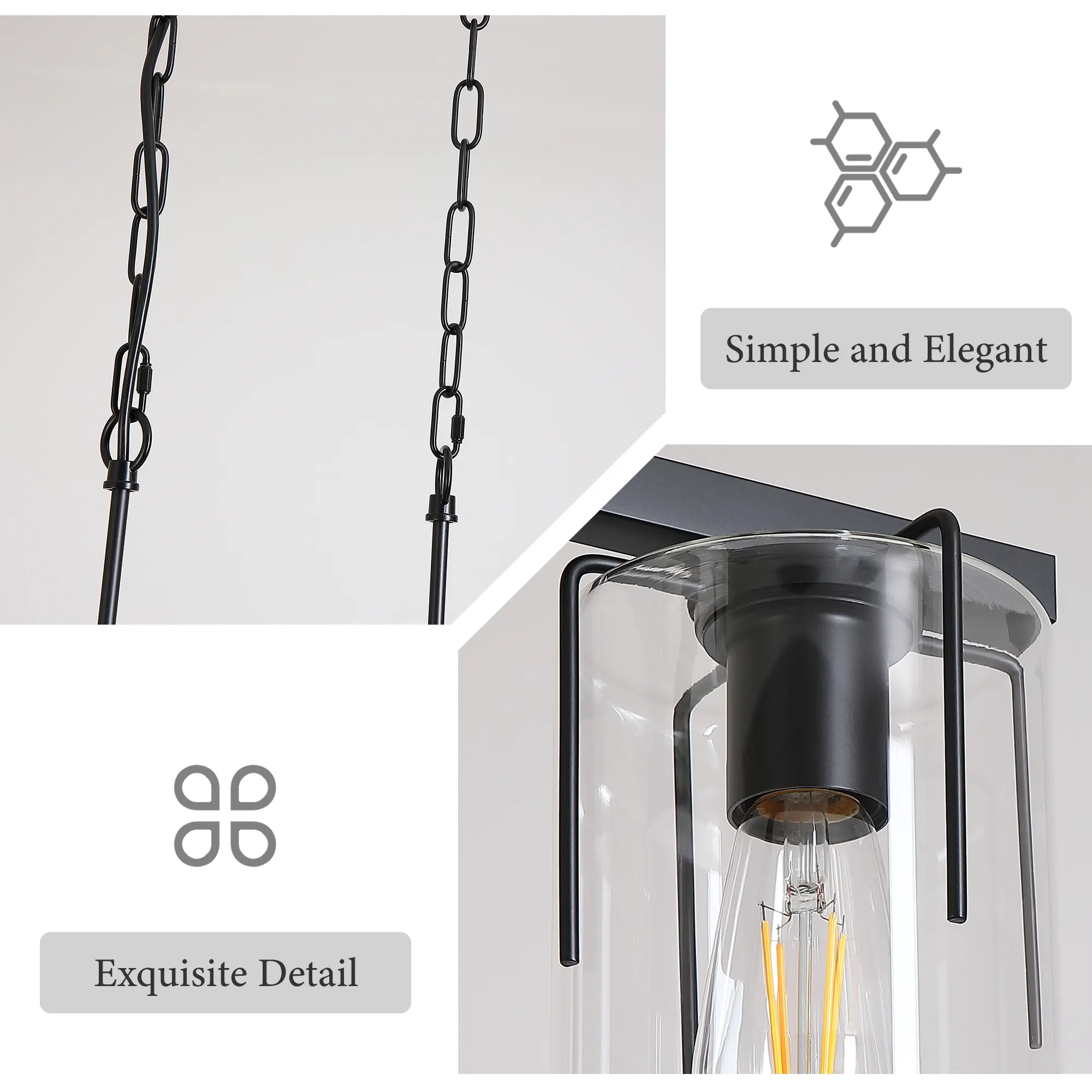 Modern Black 3-Light Clear Glass Linear Chandelier, image 8 of 10