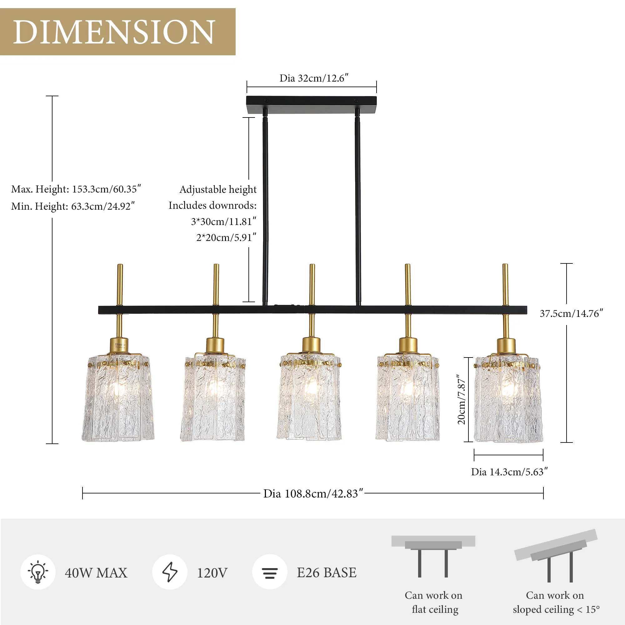 Modern 5-Light Textured Glass Linear Chandelier, image 5 of 10