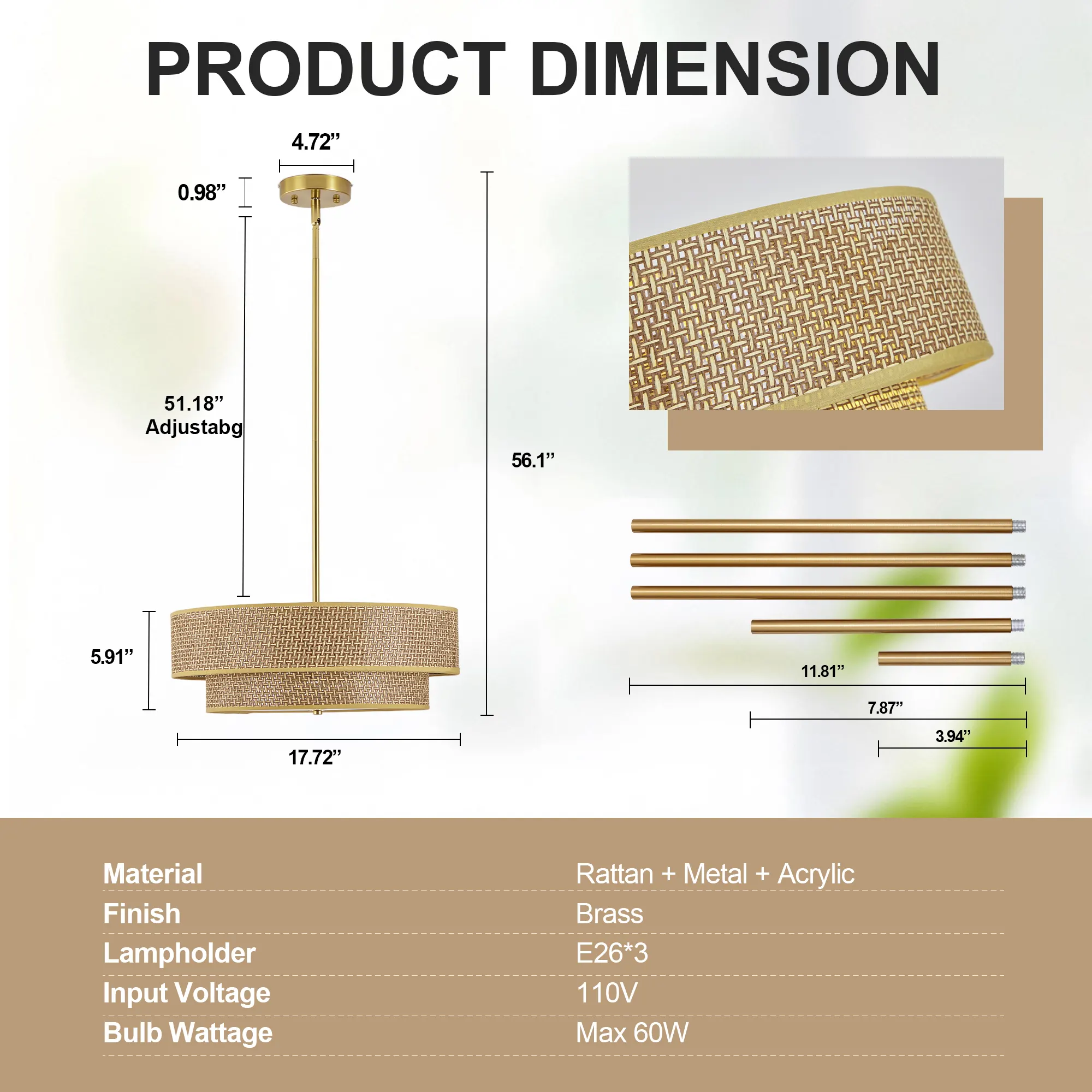 Modern Gold Linen Pendant Light, 17.7 in, image 3 of 9