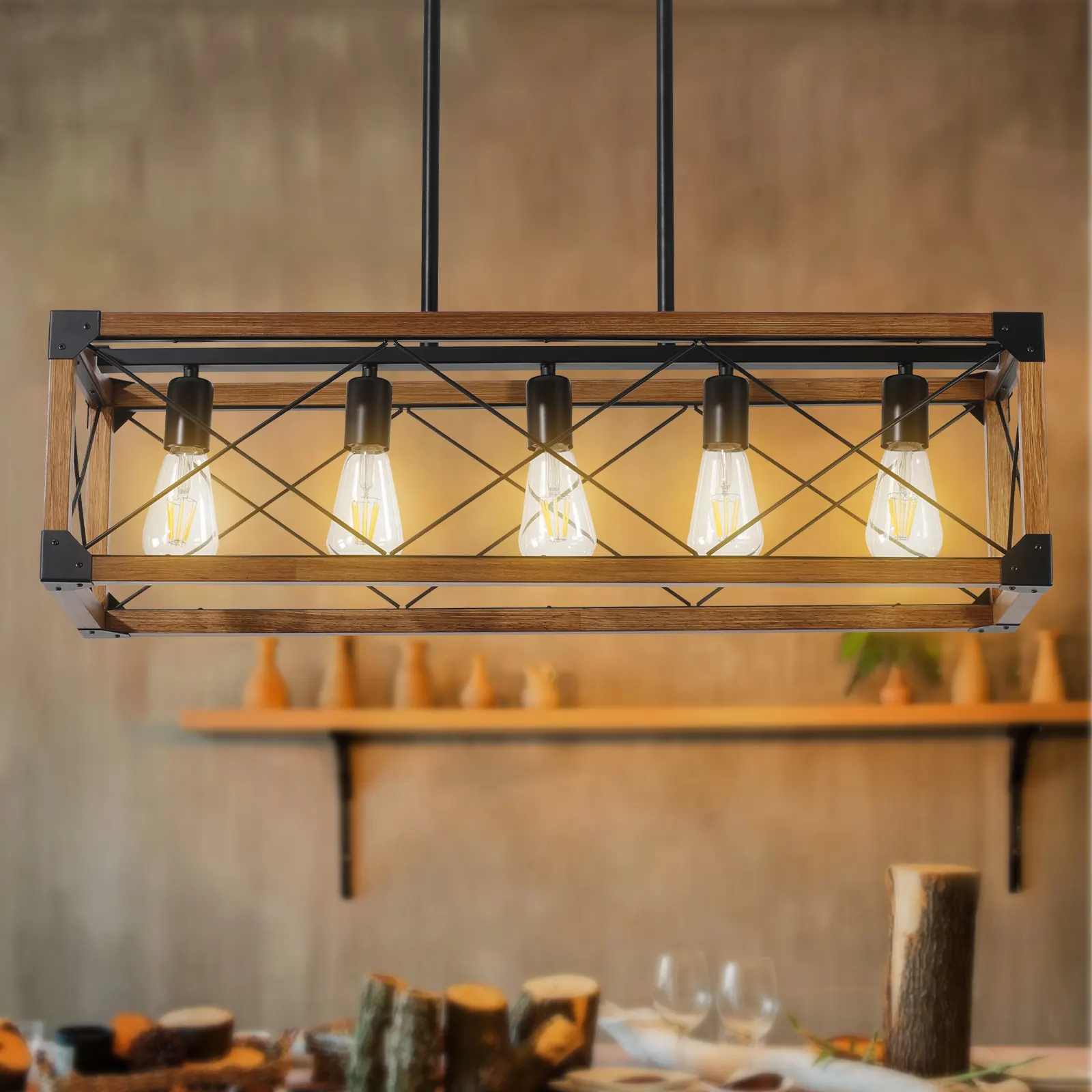 Farmhouse Walnut 5-Light Pendant Light, 32 in, image 2 of 8