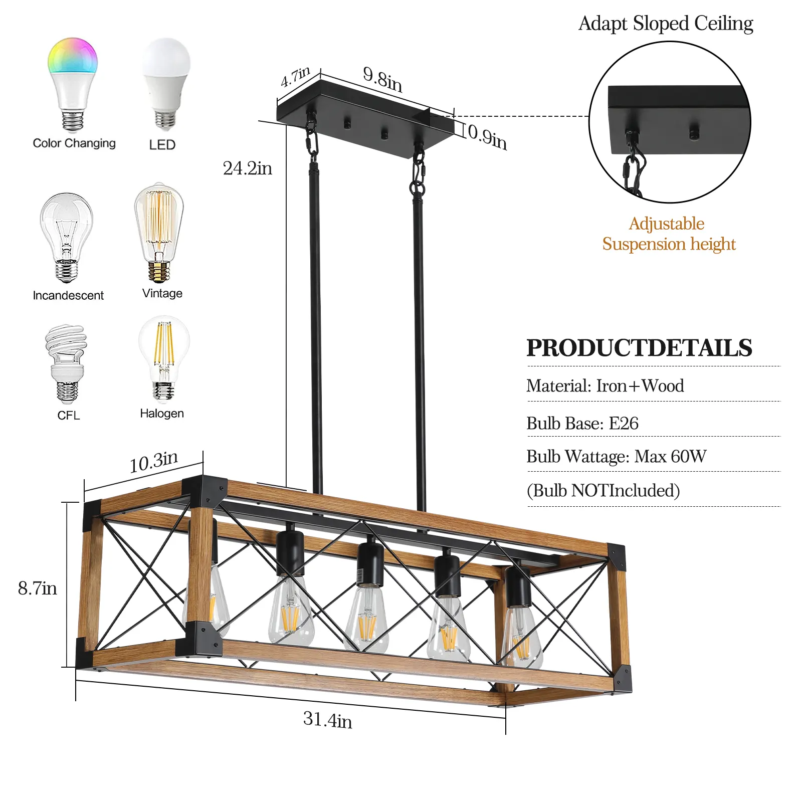 Farmhouse Walnut 5-Light Pendant Light, 32 in, image 4 of 8