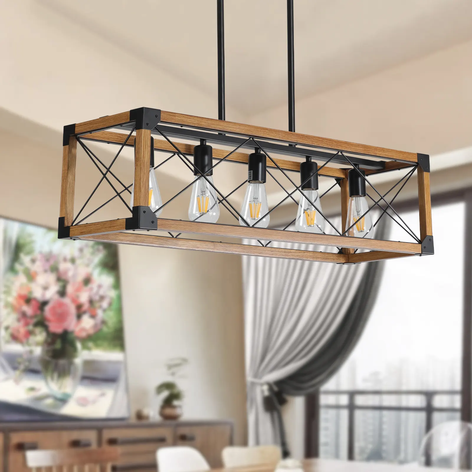 Farmhouse Walnut 5-Light Pendant Light, 32 in, image 3 of 8