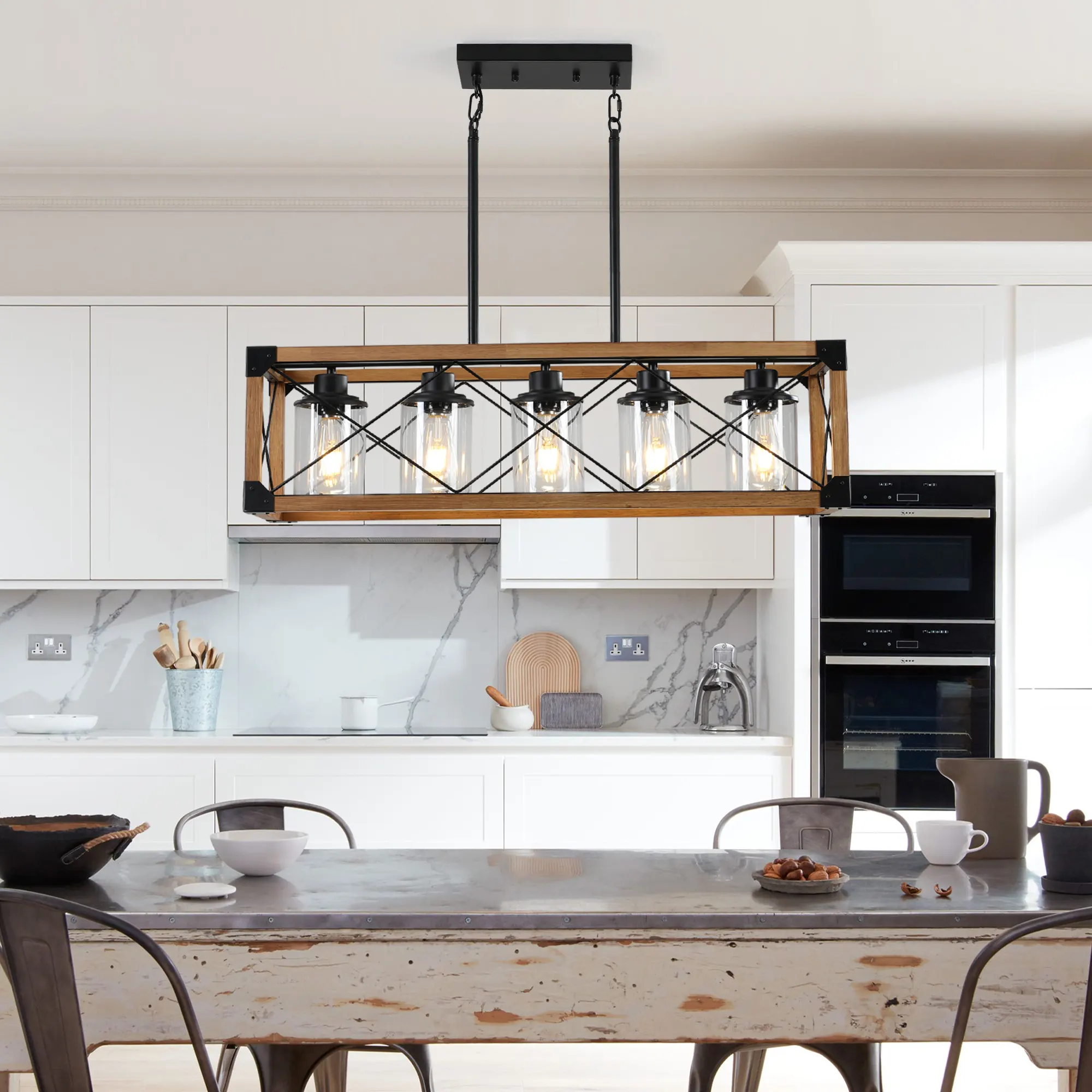 Farmhouse Walnut 5-Light Clear Glass Pendant Light, 32 in, image 2 of 8