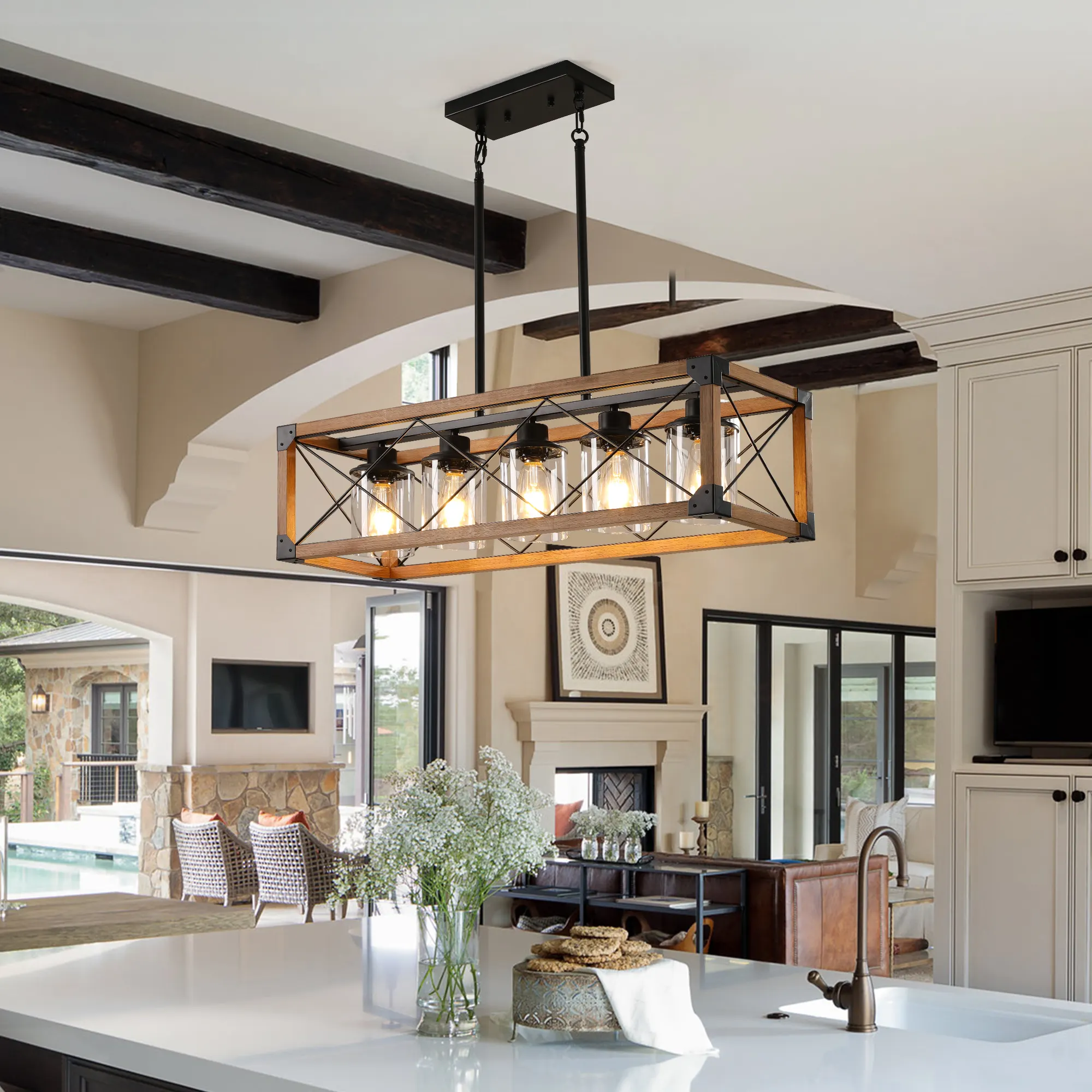 Farmhouse Walnut 5-Light Clear Glass Pendant Light, 32 in