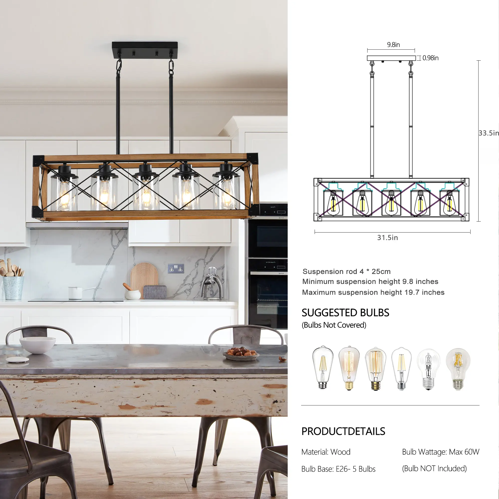 Farmhouse Walnut 5-Light Clear Glass Pendant Light, 32 in, image 3 of 8