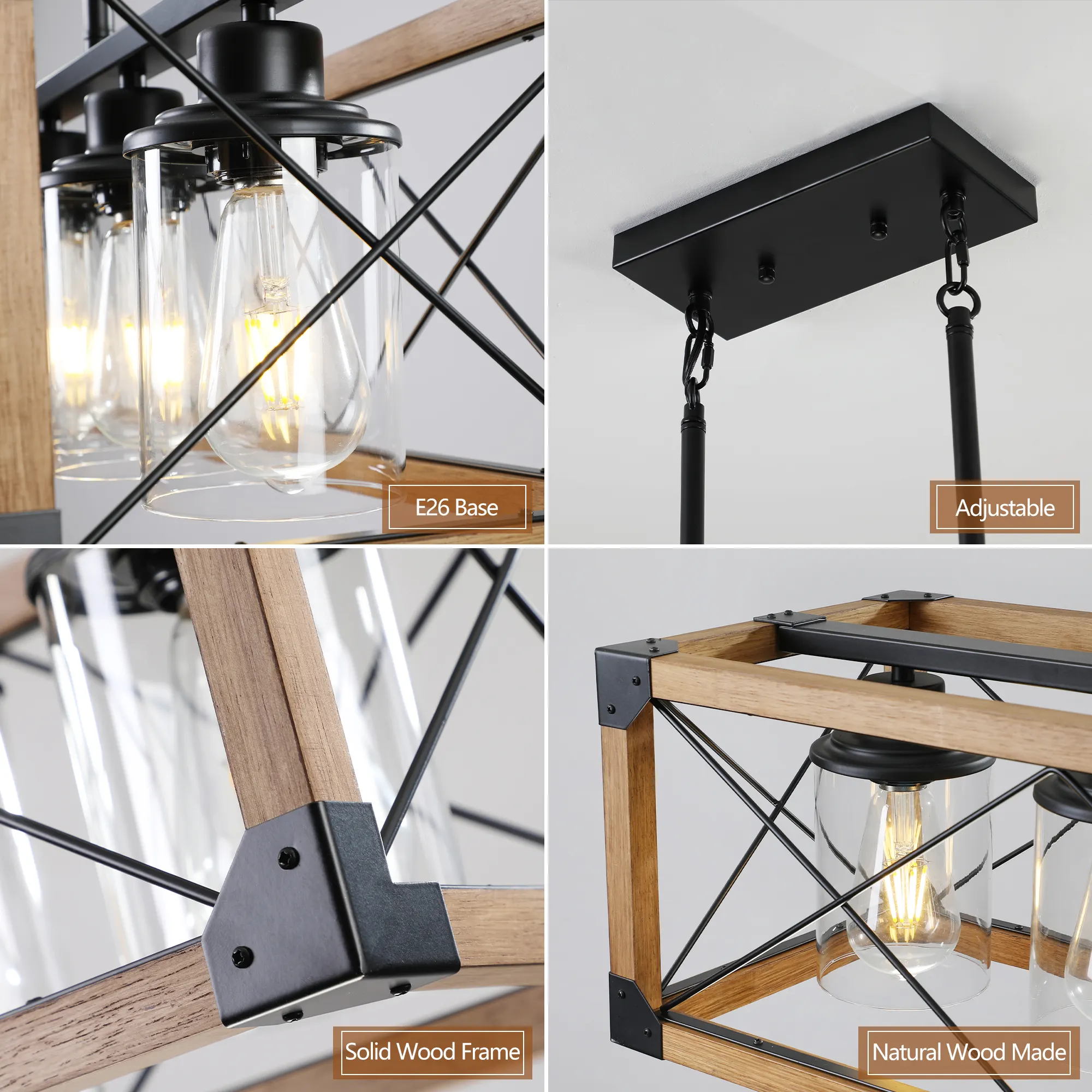 Farmhouse Walnut 5-Light Clear Glass Pendant Light, 32 in, image 4 of 8