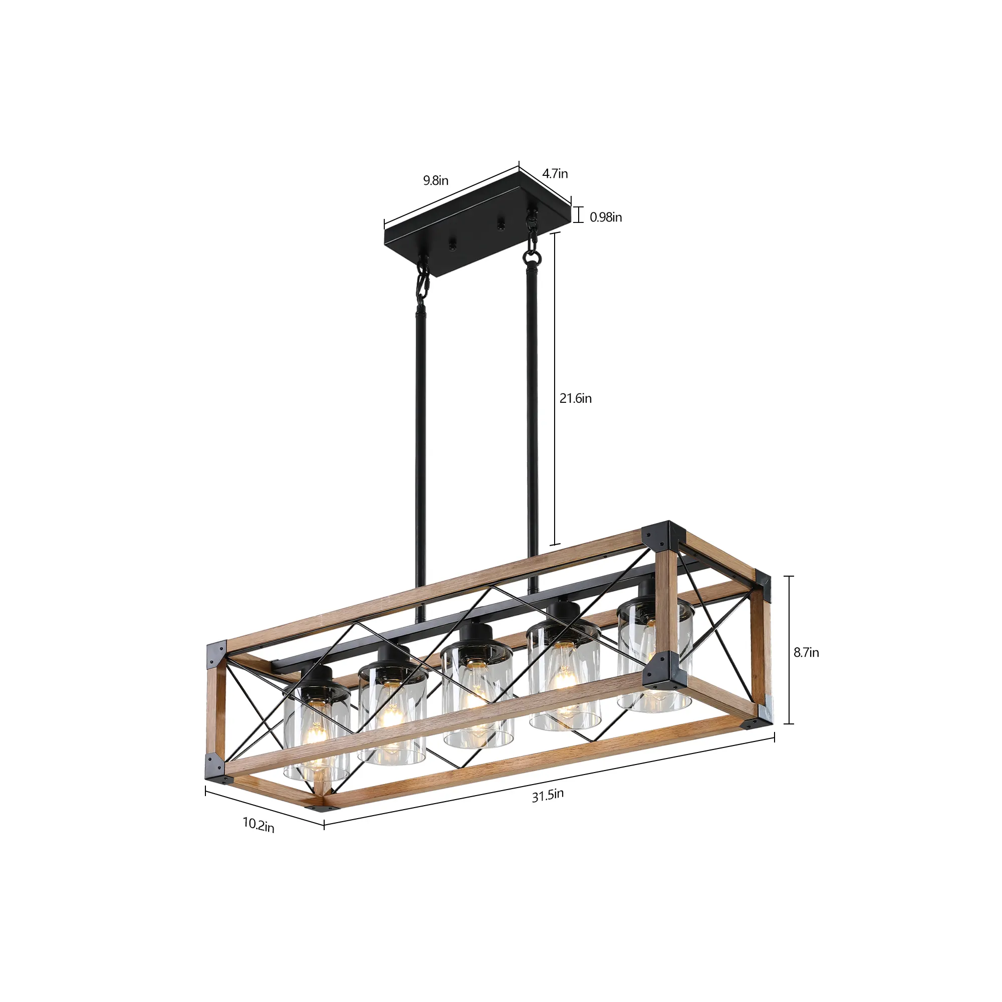 Farmhouse Walnut 5-Light Clear Glass Pendant Light, 32 in, image 8 of 8