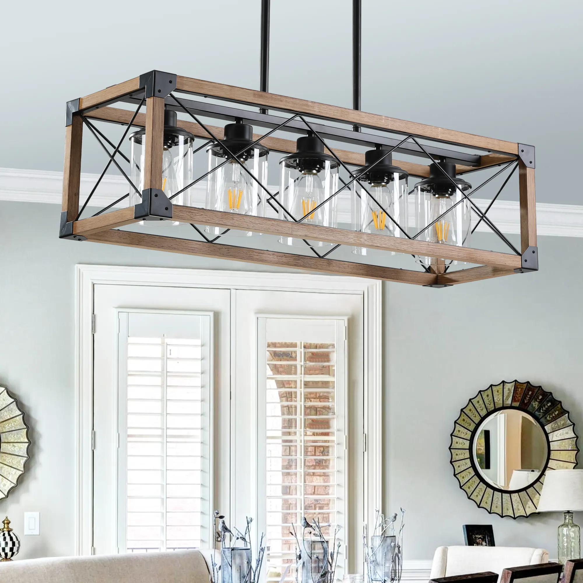 Farmhouse Walnut 5-Light Clear Glass Pendant Light, 32 in, image 5 of 8