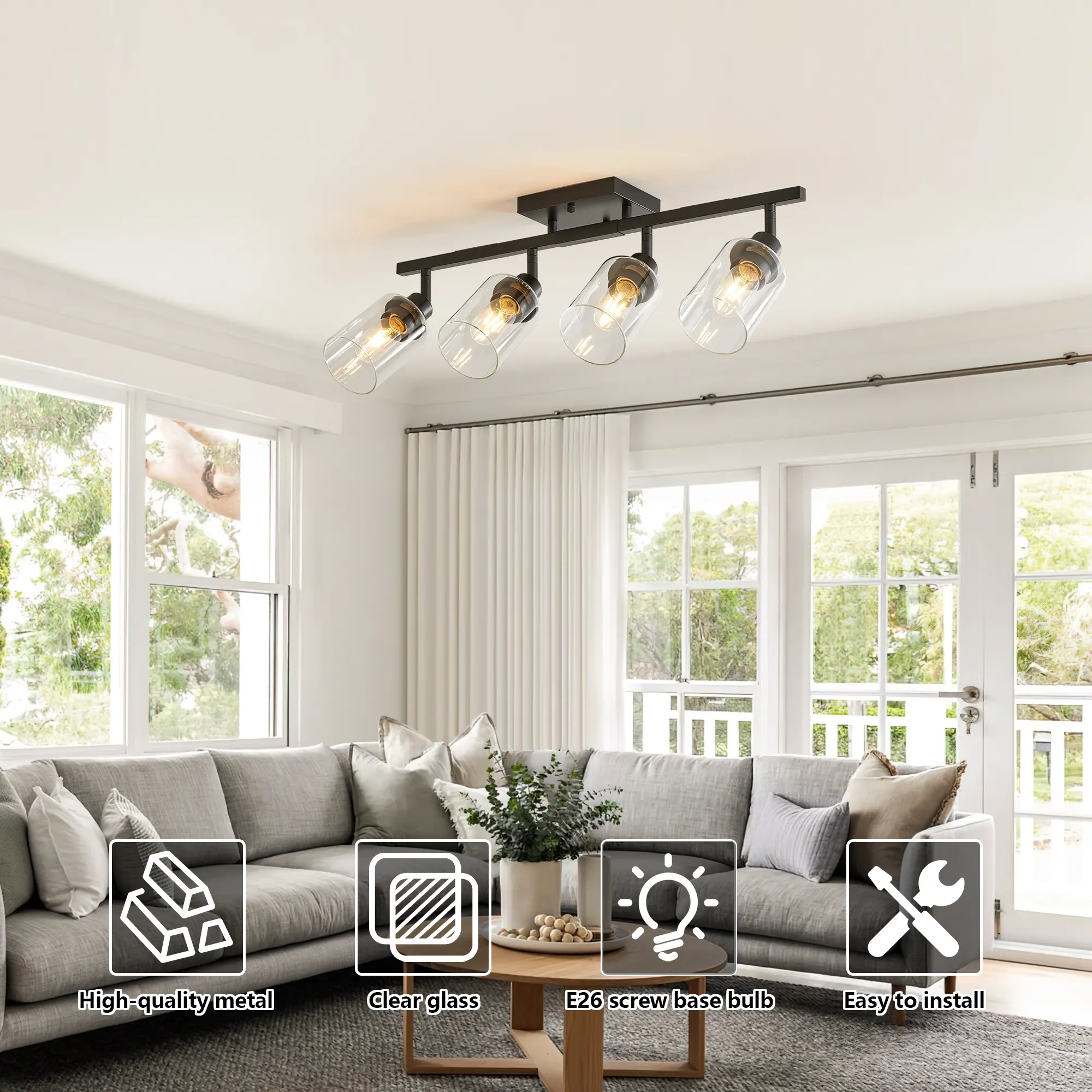 Modern Black 4-Light Clear Glass Semi-Flush Mount Ceiling Light, 27.6 in