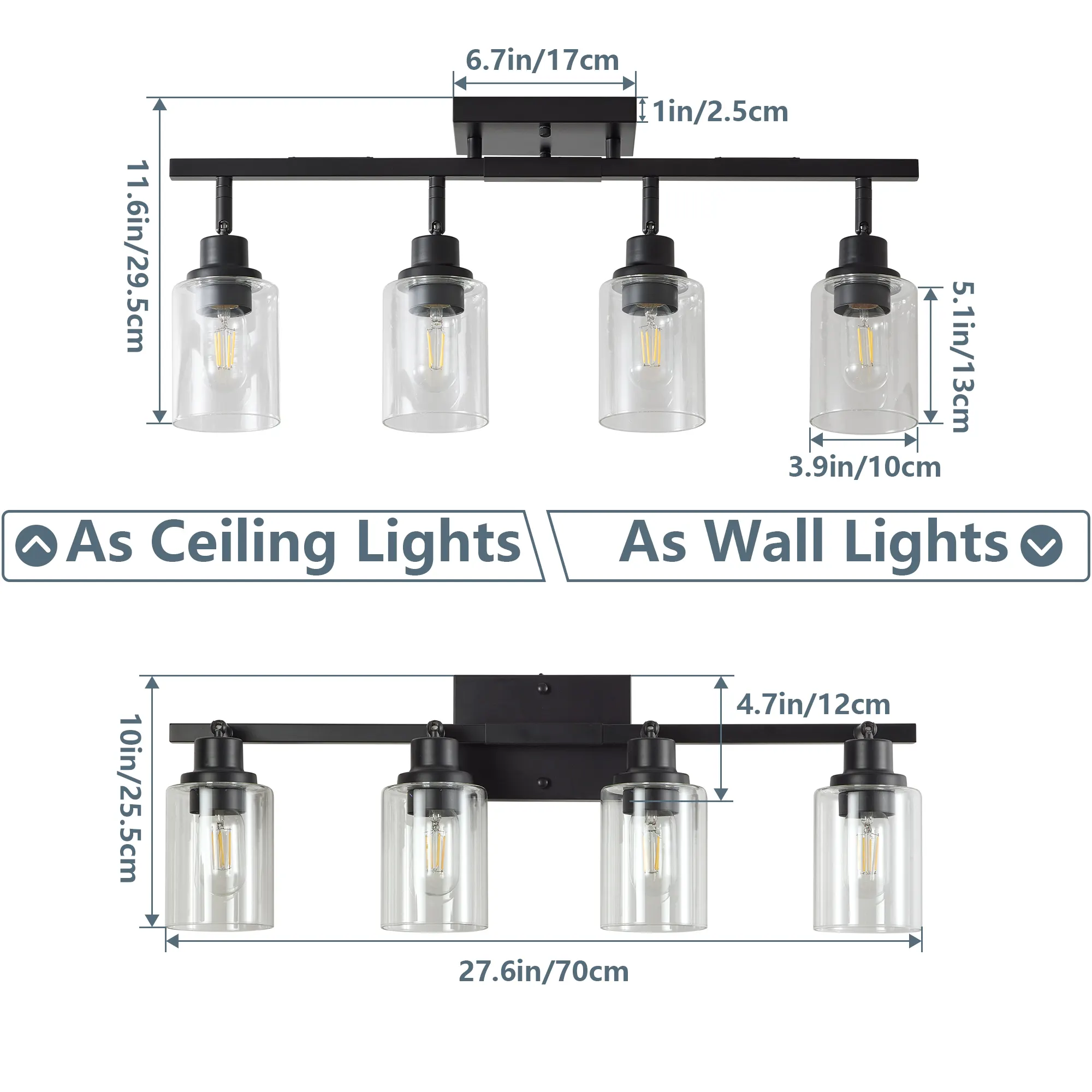 Modern Black 4-Light Clear Glass Semi-Flush Mount Ceiling Light, 27.6 in, image 8 of 8
