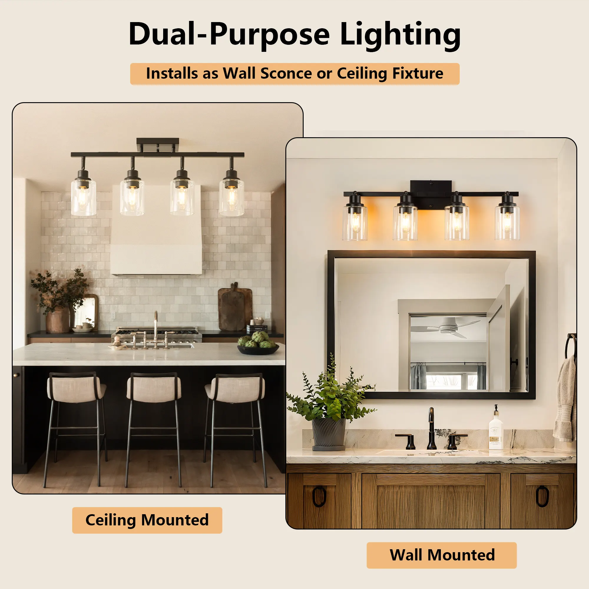 Modern Black 4-Light Clear Glass Semi-Flush Mount Ceiling Light, 27.6 in, image 3 of 8