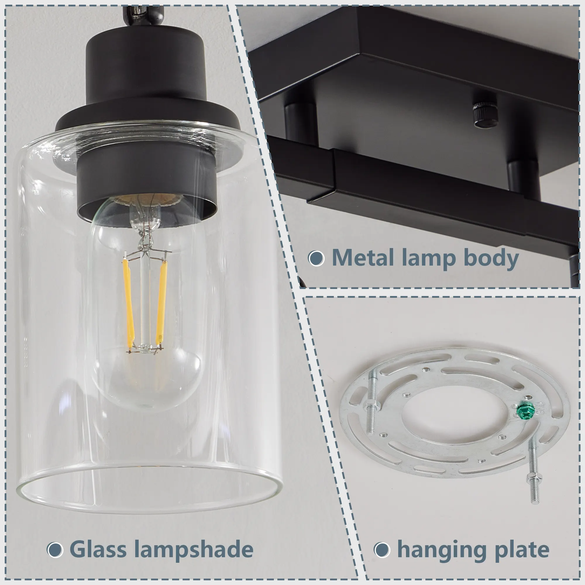 Modern Black 4-Light Clear Glass Semi-Flush Mount Ceiling Light, 27.6 in, image 6 of 8