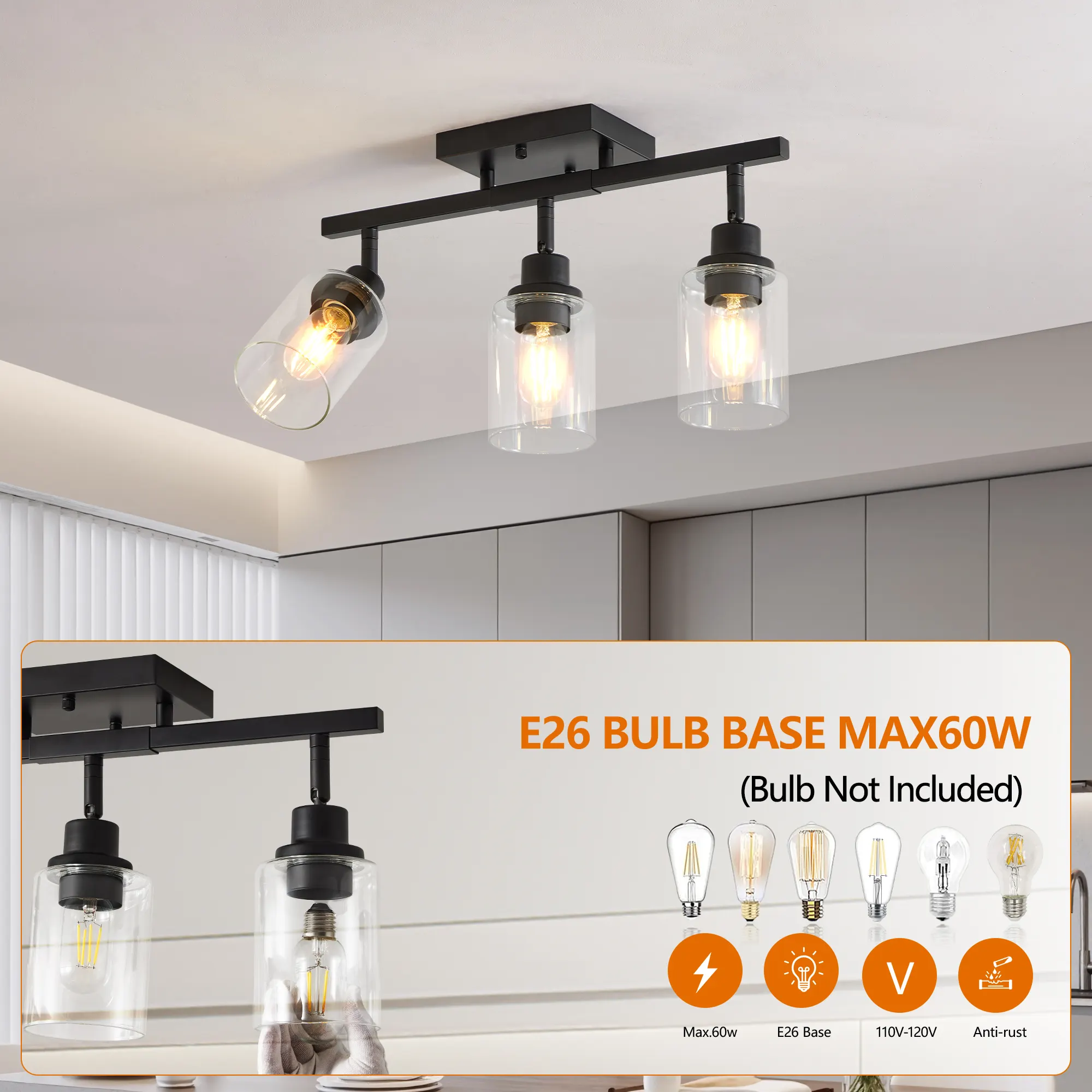 3-Light Clear Glass Semi-Flush Mount Ceiling Light, image 3 of 8