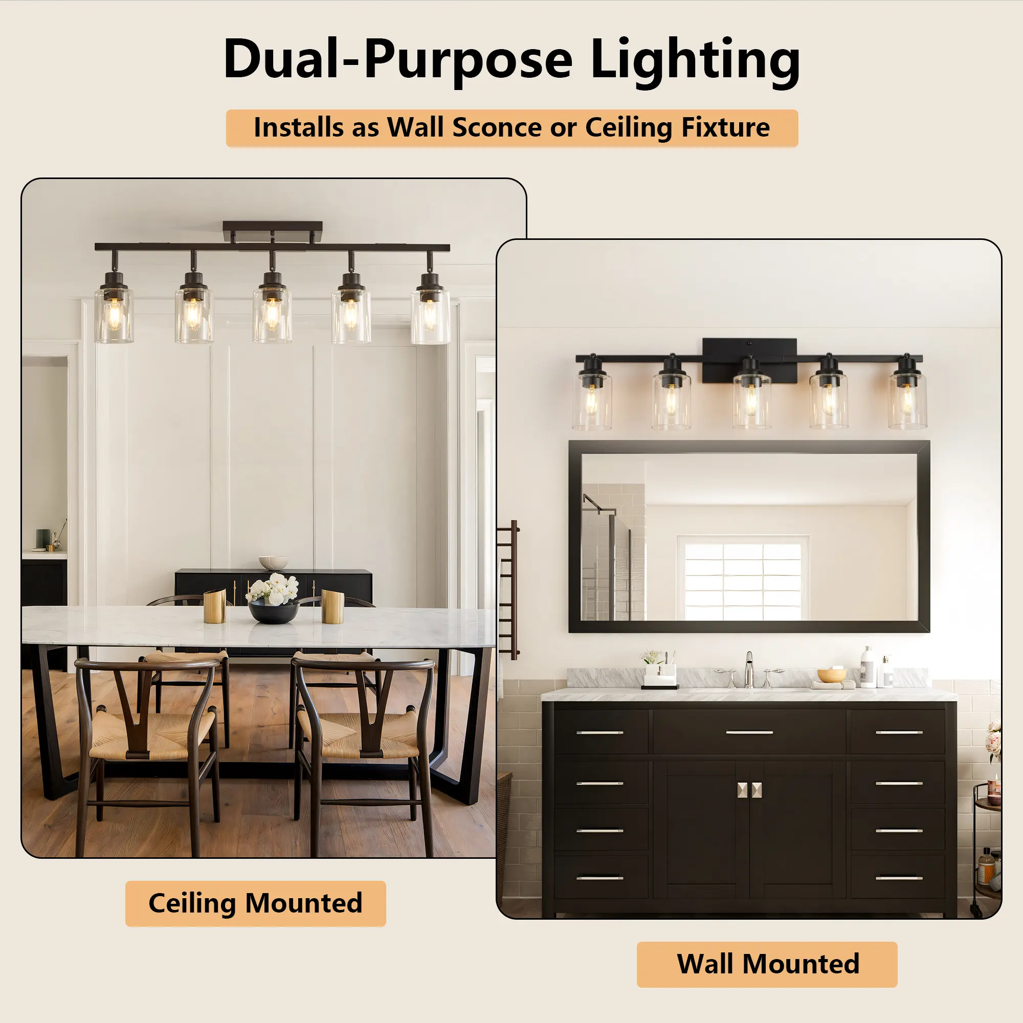 5-Light Clear Glass Semi-Flush Mount Ceiling Light, image 5 of 9
