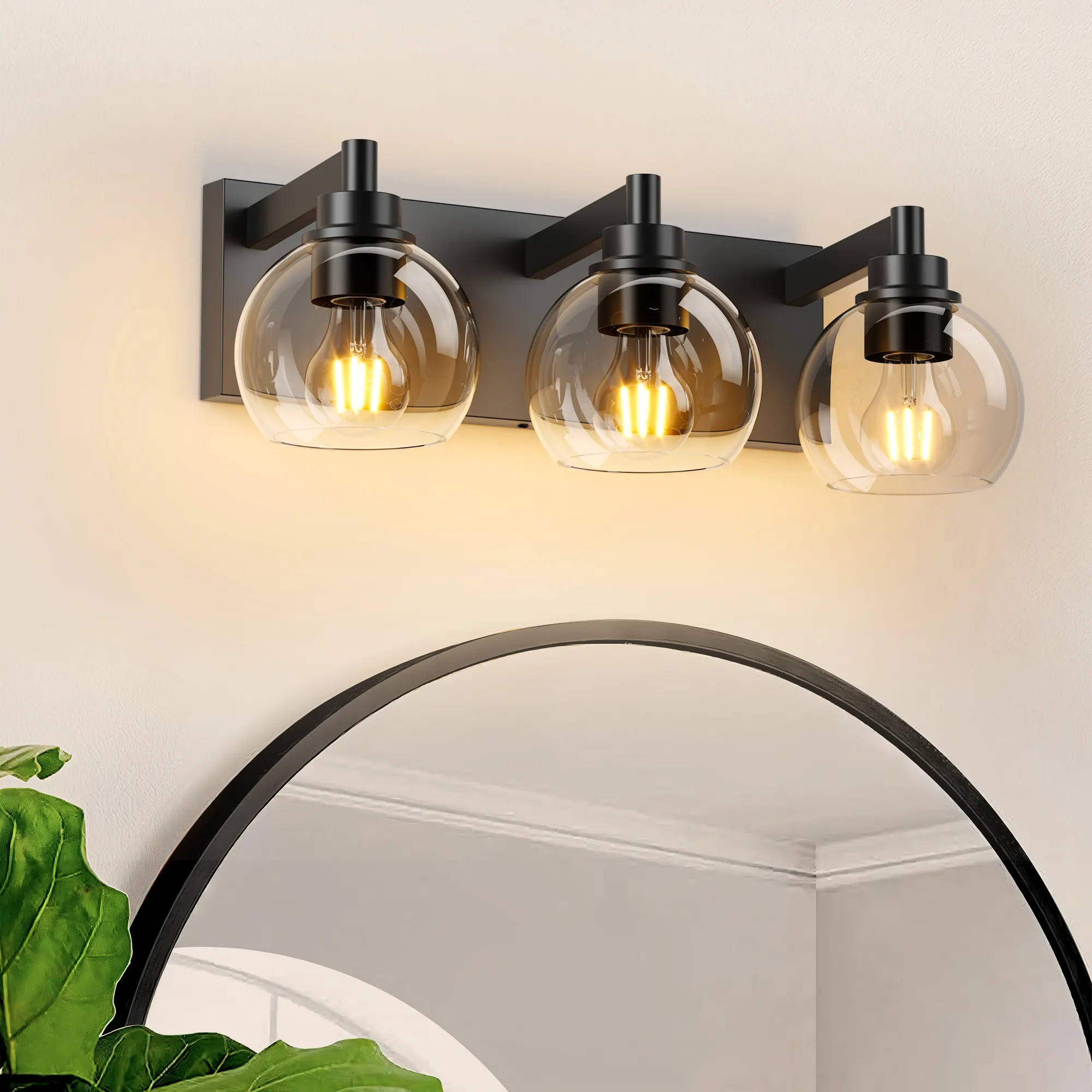 Modern Matte Black 3-Light Clear Glass Vanity Light, image 2 of 10