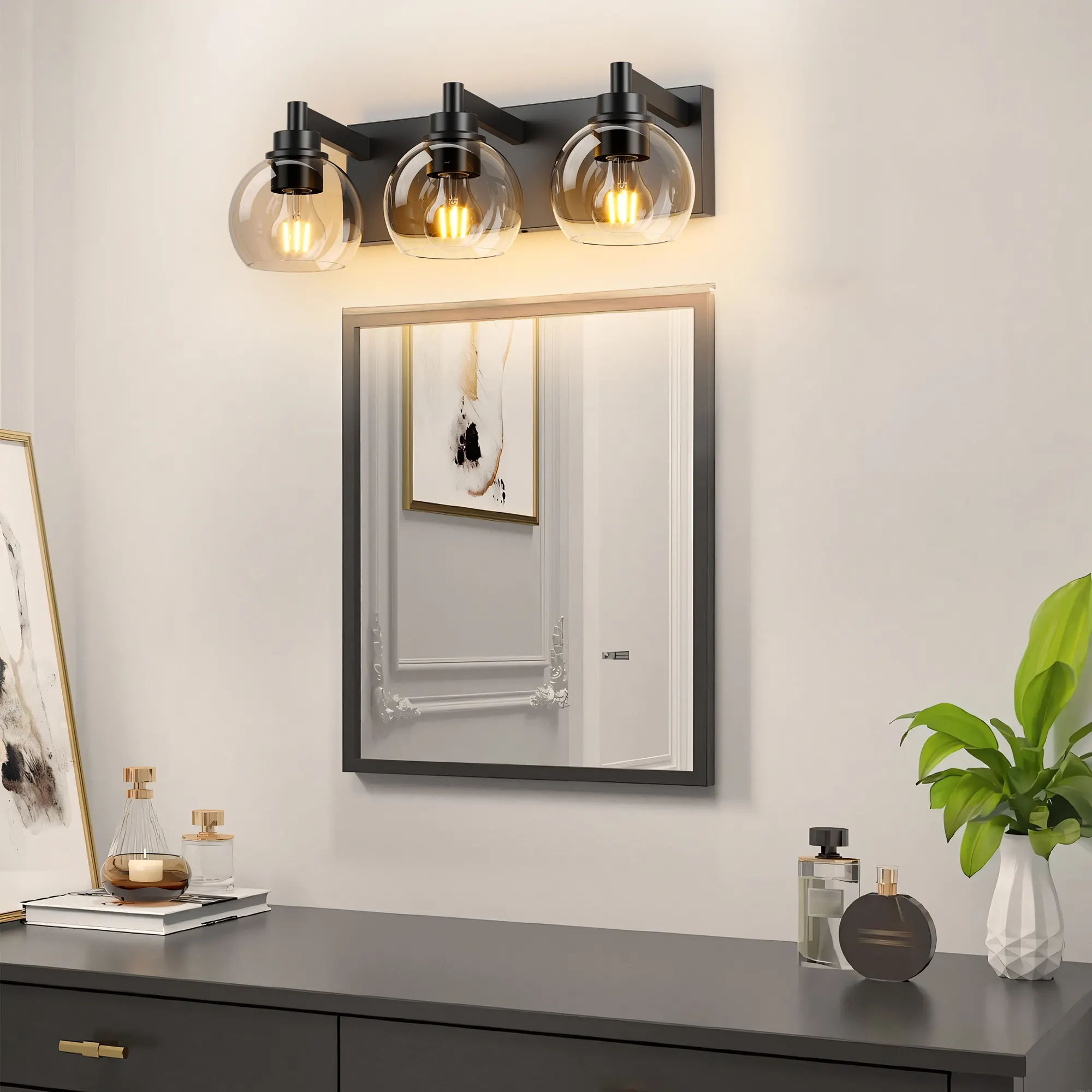 Modern Matte Black 3-Light Clear Glass Vanity Light