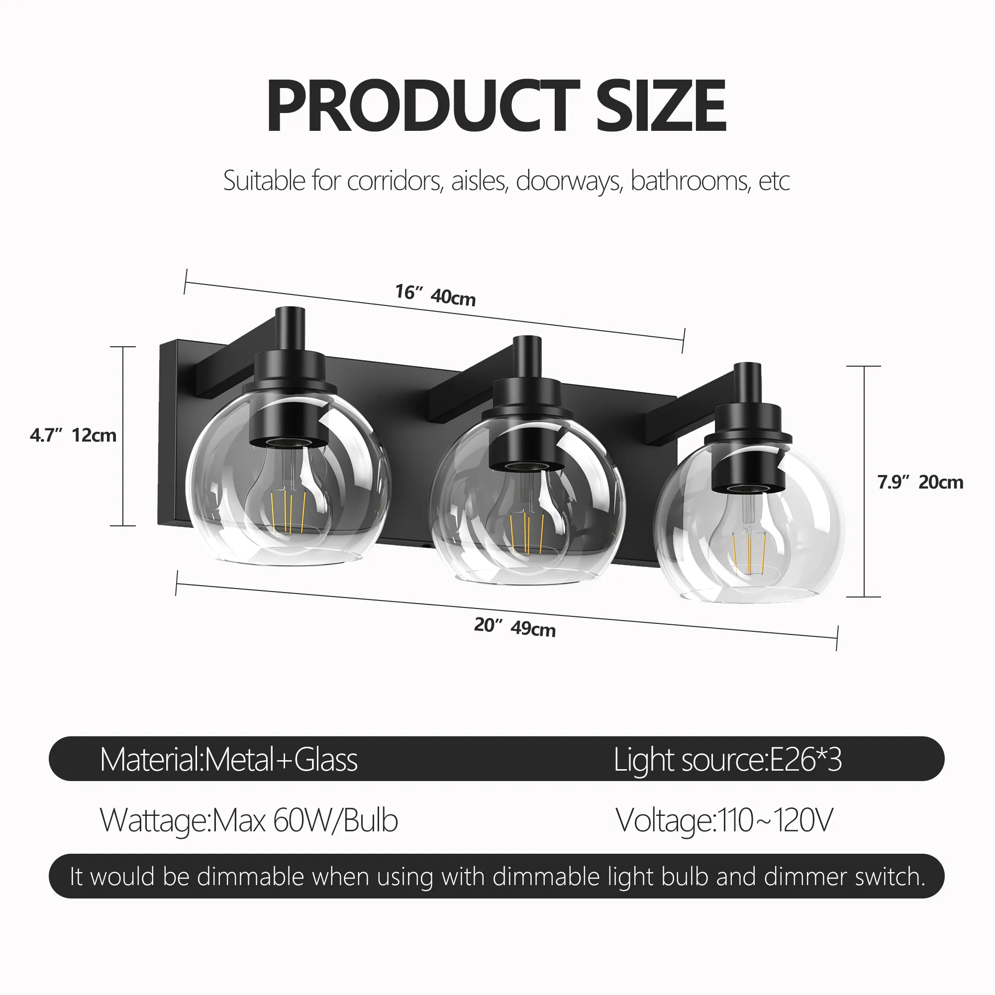 Modern Matte Black 3-Light Clear Glass Vanity Light, image 6 of 10