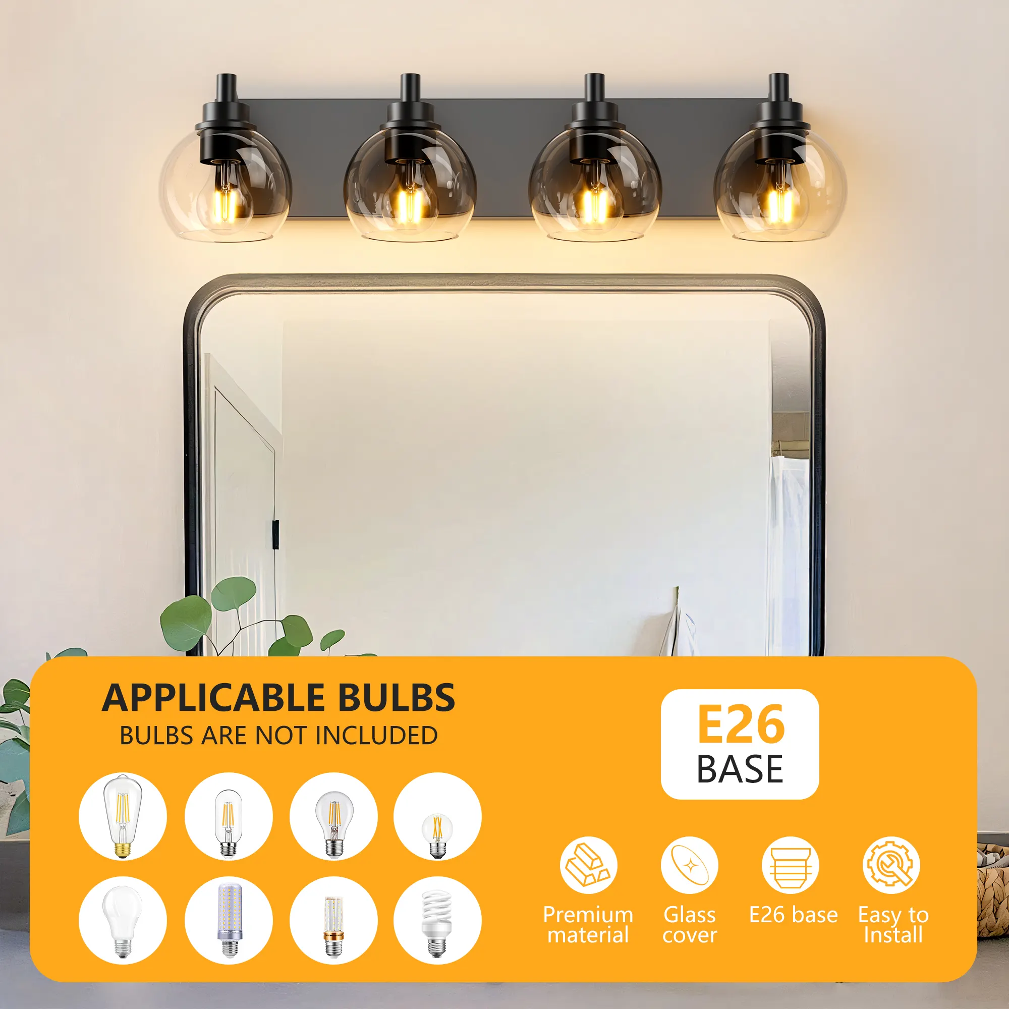 Modern Matte Black 4-Light Clear Glass Vanity Light, 26 in, image 4 of 10