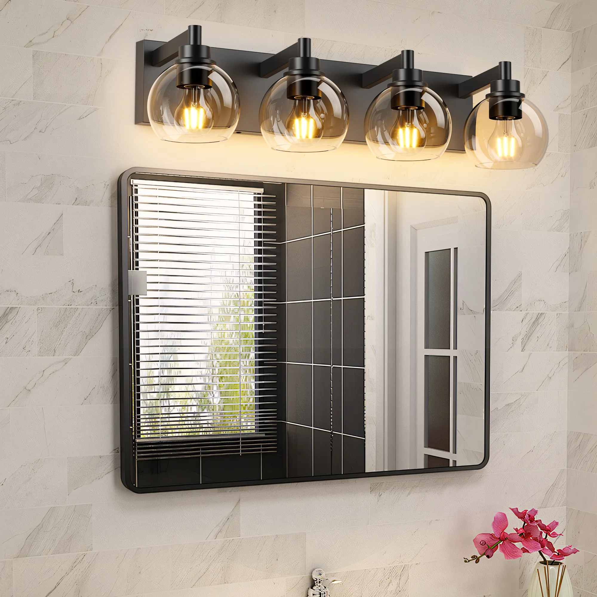 Modern Matte Black 4-Light Clear Glass Vanity Light, 26 in, image 3 of 10