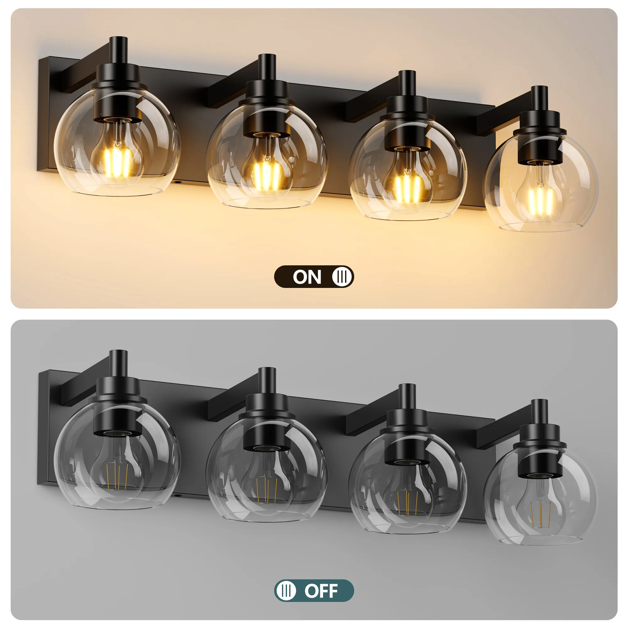 Modern Matte Black 4-Light Clear Glass Vanity Light, 26 in, image 5 of 10