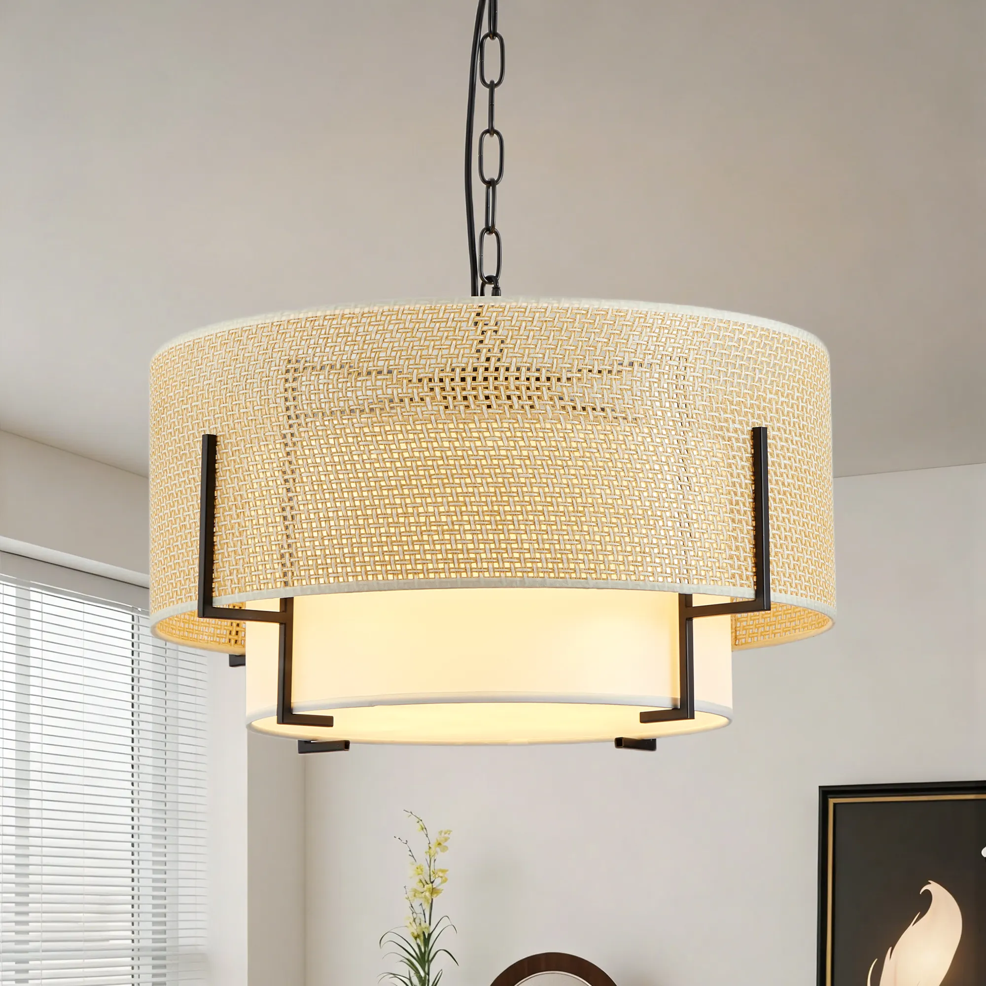 Farmhouse Rattan 4-Light Fabric Pendant Light, 19.7 in