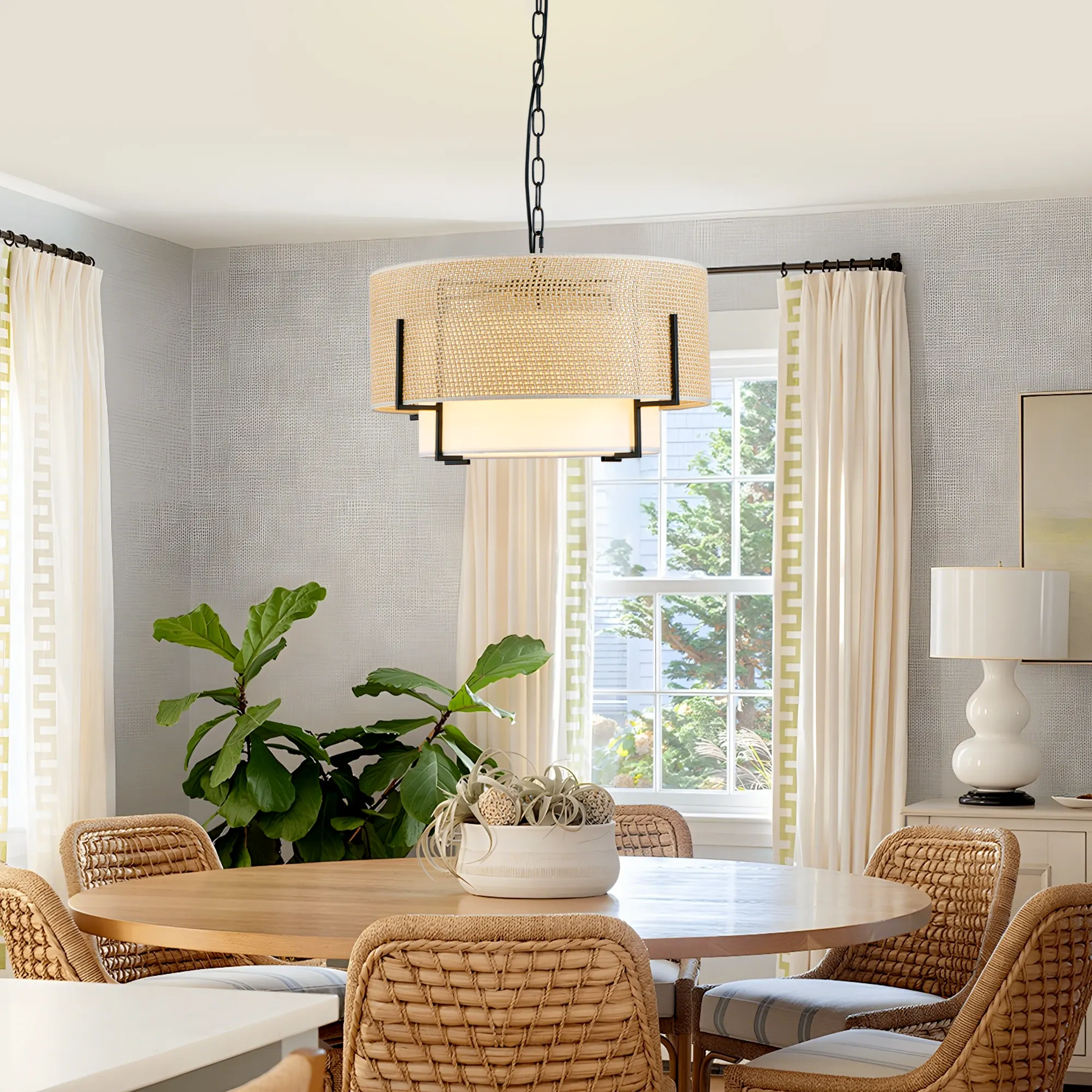 Farmhouse Rattan 4-Light Fabric Pendant Light, 19.7 in, image 2 of 8