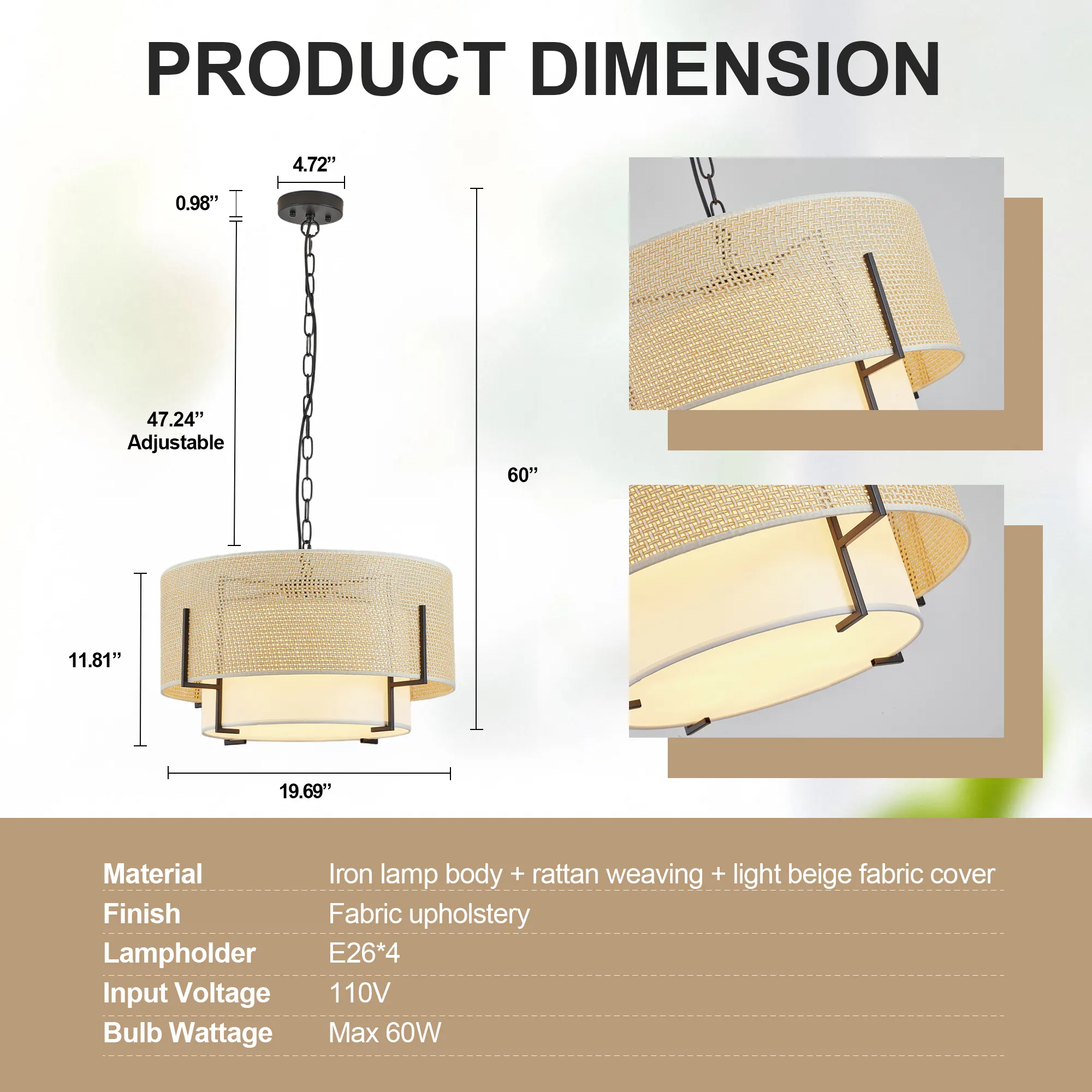 Farmhouse Rattan 4-Light Fabric Pendant Light, 19.7 in, image 3 of 8