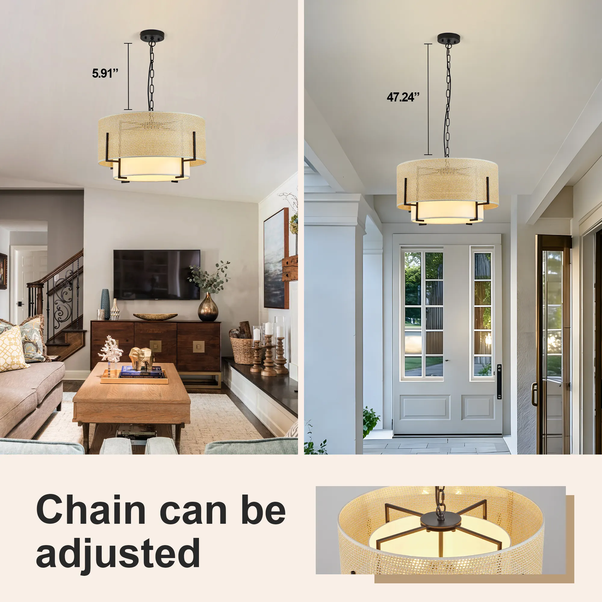 Farmhouse Rattan 4-Light Fabric Pendant Light, 19.7 in, image 5 of 8