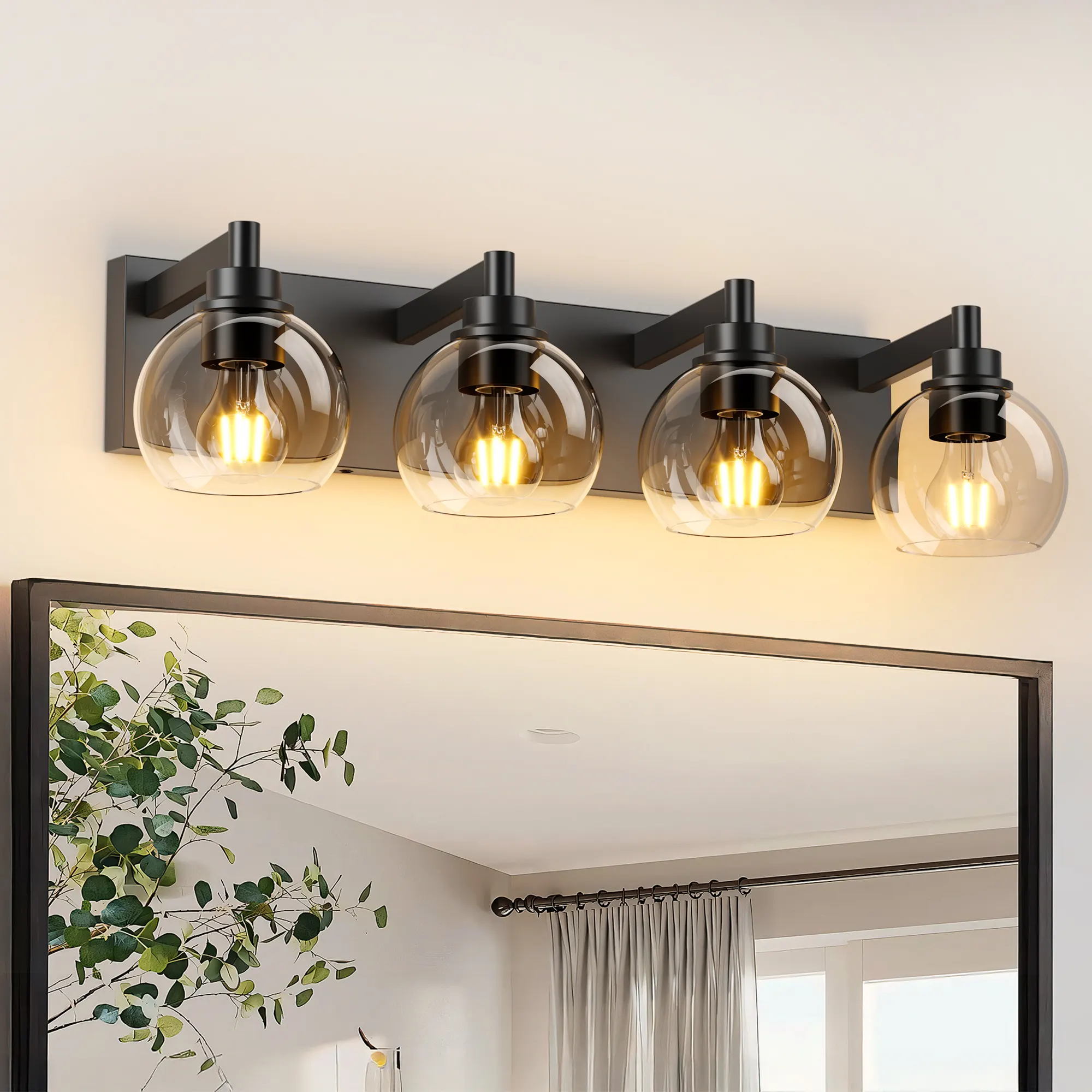 Modern Matte Black 4-Light Clear Glass Vanity Light, 26 in, image 2 of 10