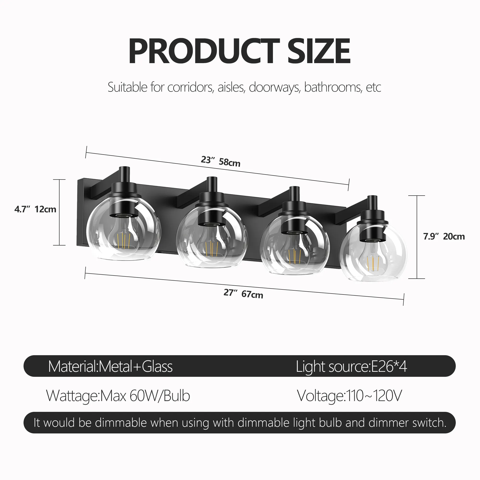 Modern Matte Black 4-Light Clear Glass Vanity Light, 26 in, image 6 of 10