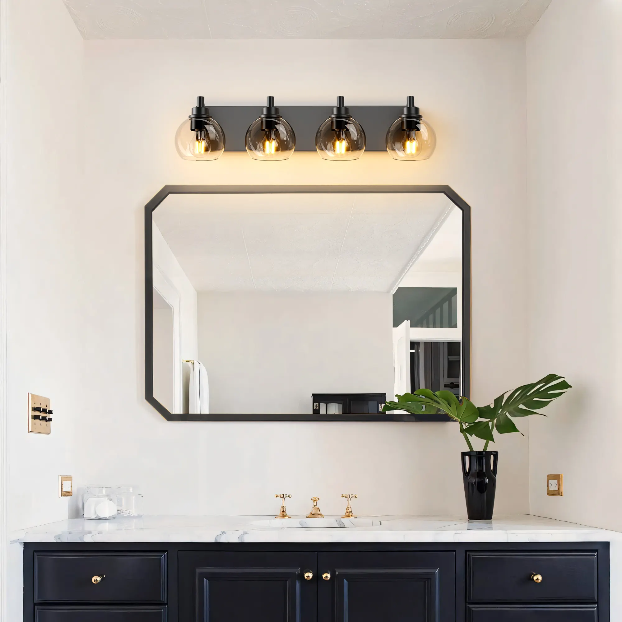 Modern Matte Black 4-Light Clear Glass Vanity Light, 26 in