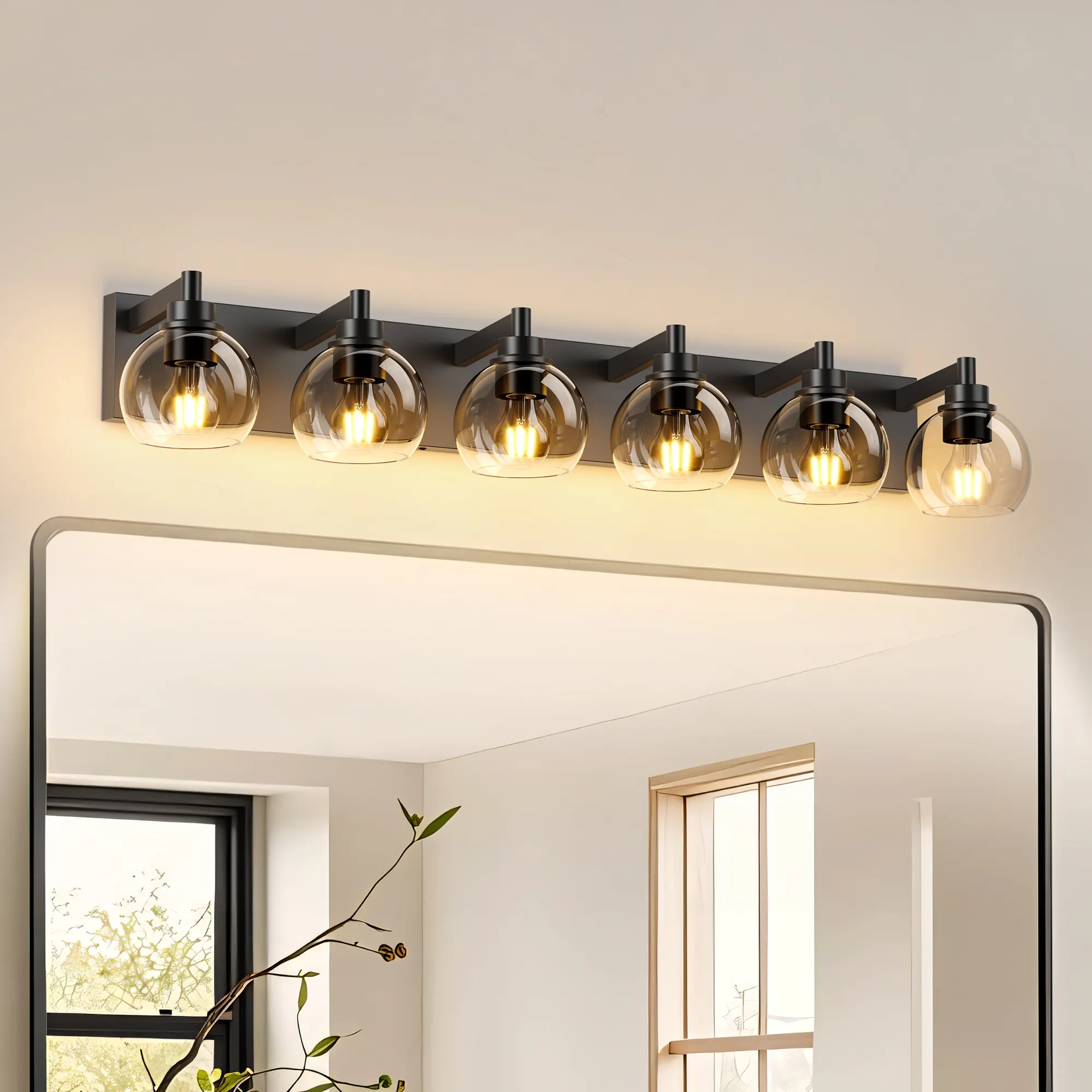 Modern Matte Black 6-Light Clear Glass Vanity Light, 38 in, image 2 of 10