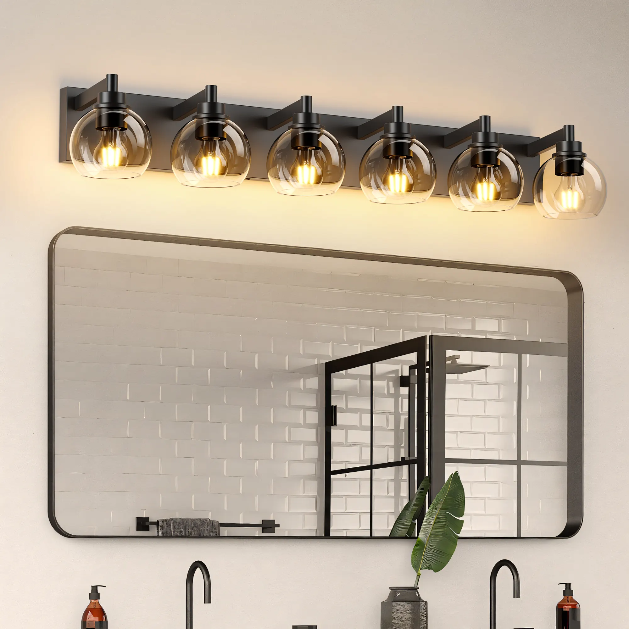 Modern Matte Black 6-Light Clear Glass Vanity Light, 38 in, image 3 of 10