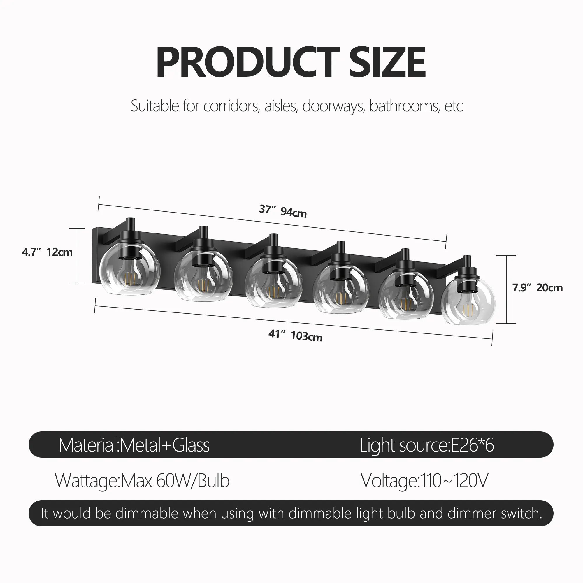 Modern Matte Black 6-Light Clear Glass Vanity Light, 38 in, image 6 of 10