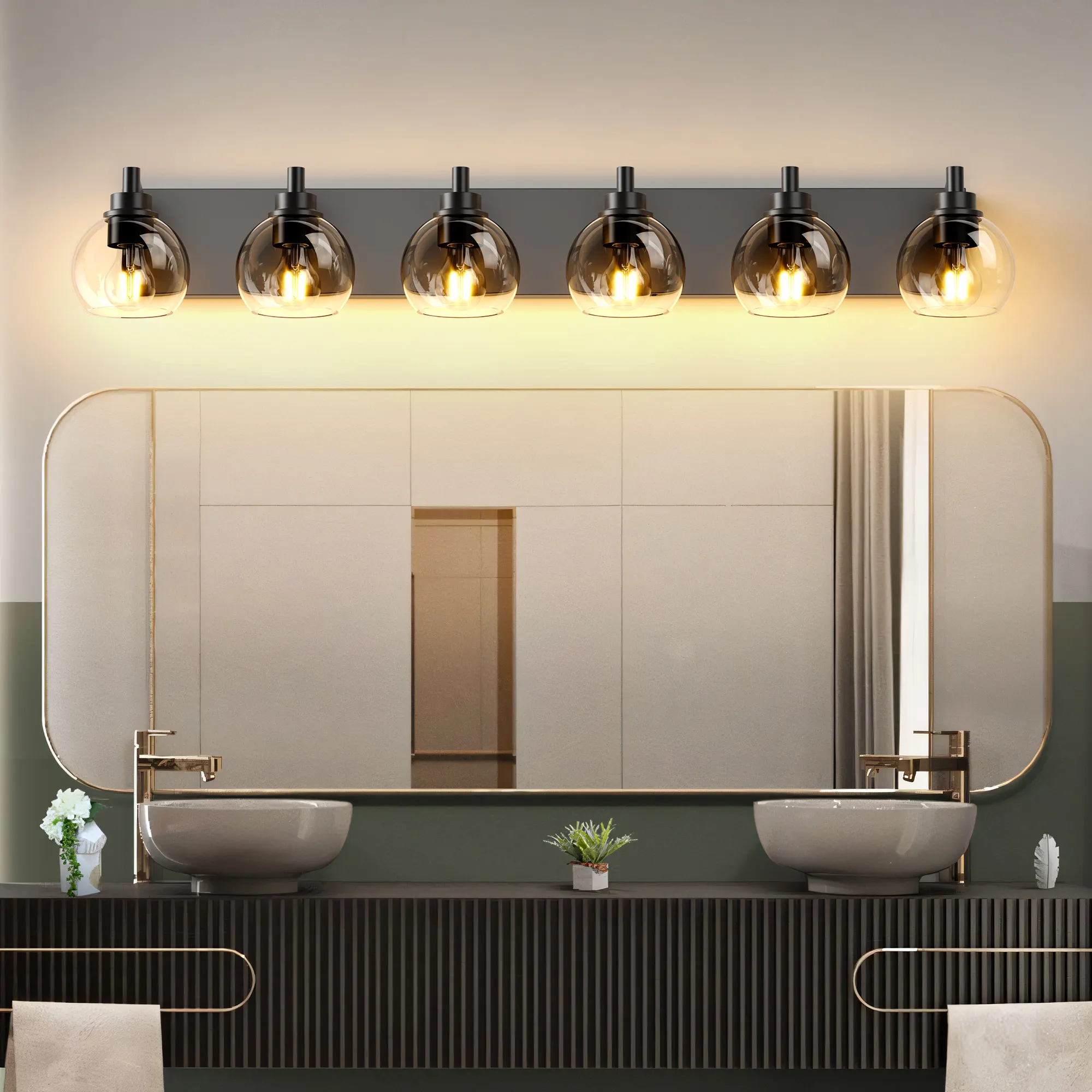 Modern Matte Black 6-Light Clear Glass Vanity Light, 38 in